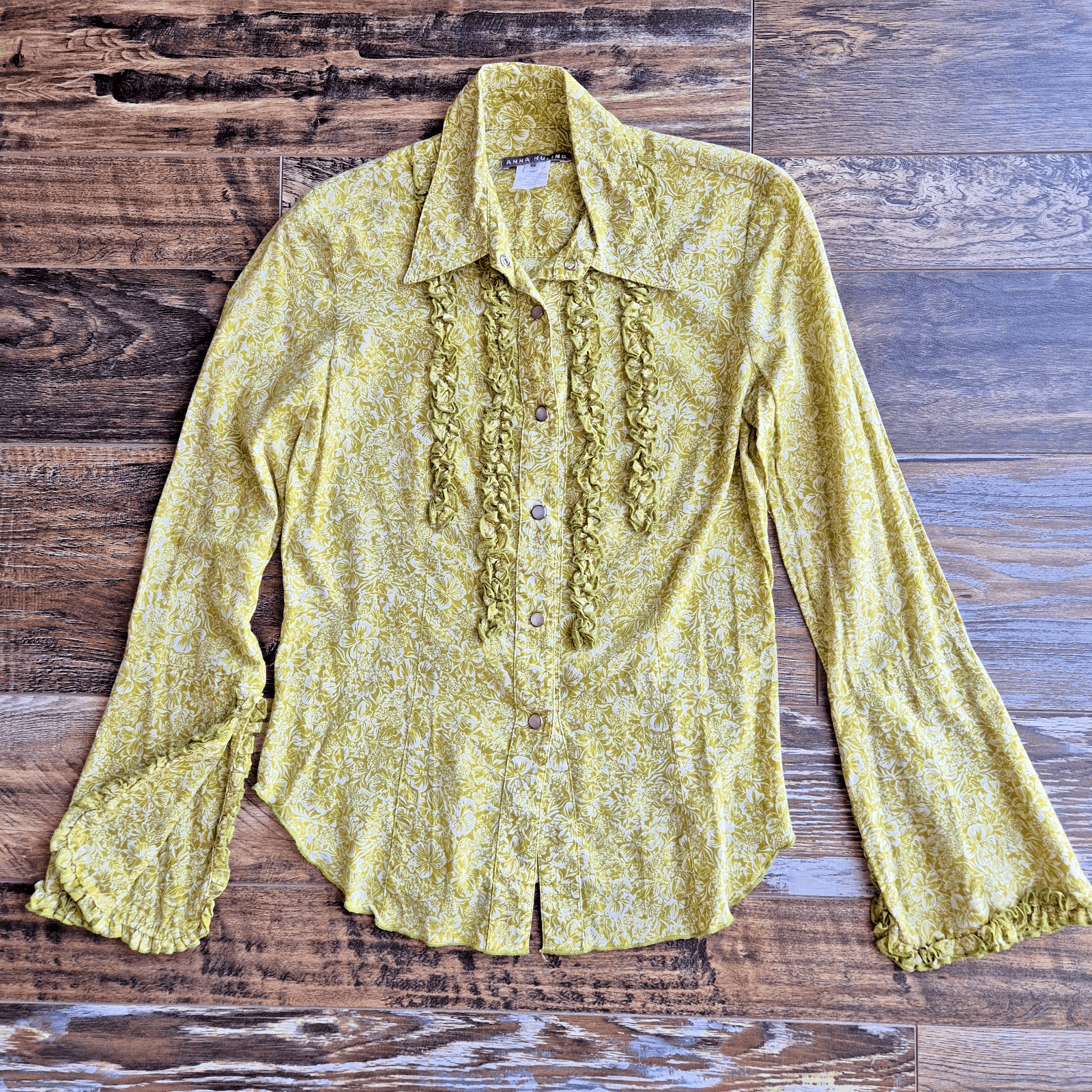 Vintage ANNA HULING USA Made Floral Ruffle Pearl Snap Western Shirt Green Sz.S - Thumbnail 3