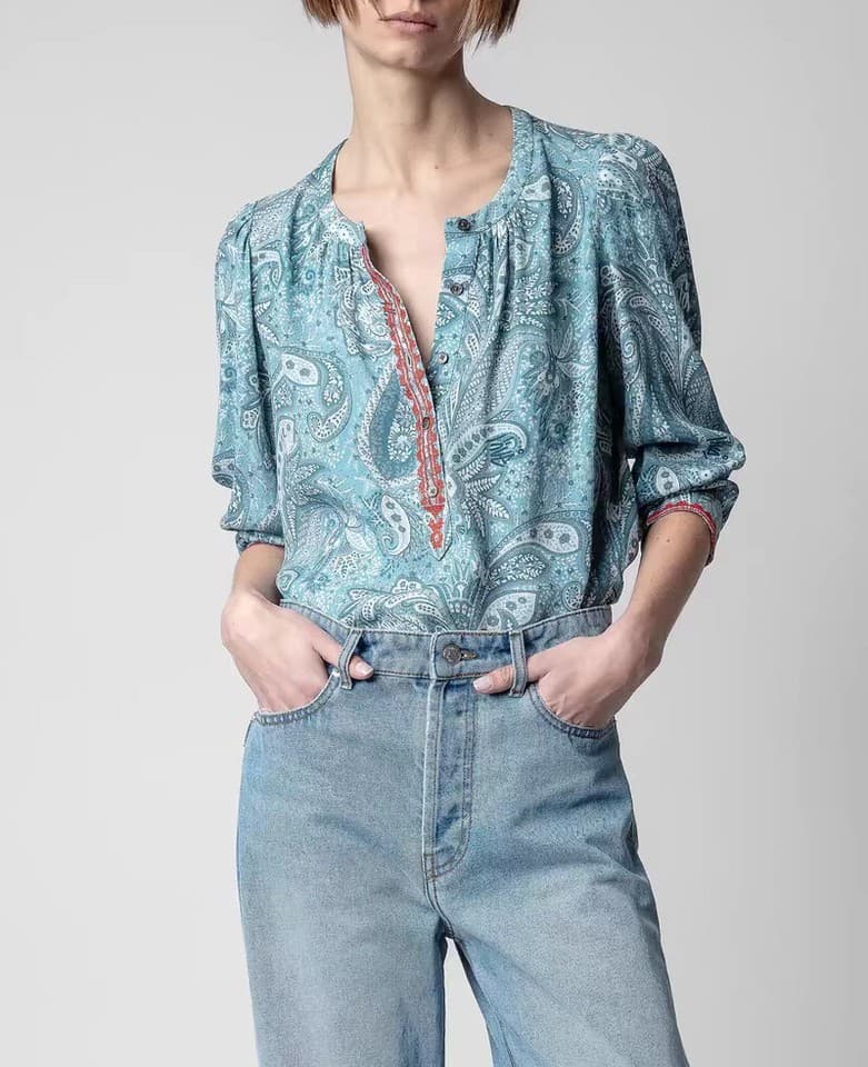 Zadig & Voltaire Teck Crepe Paisley Embroidered Blouse Long Sleeve Green Sz.L - Thumbnail 5