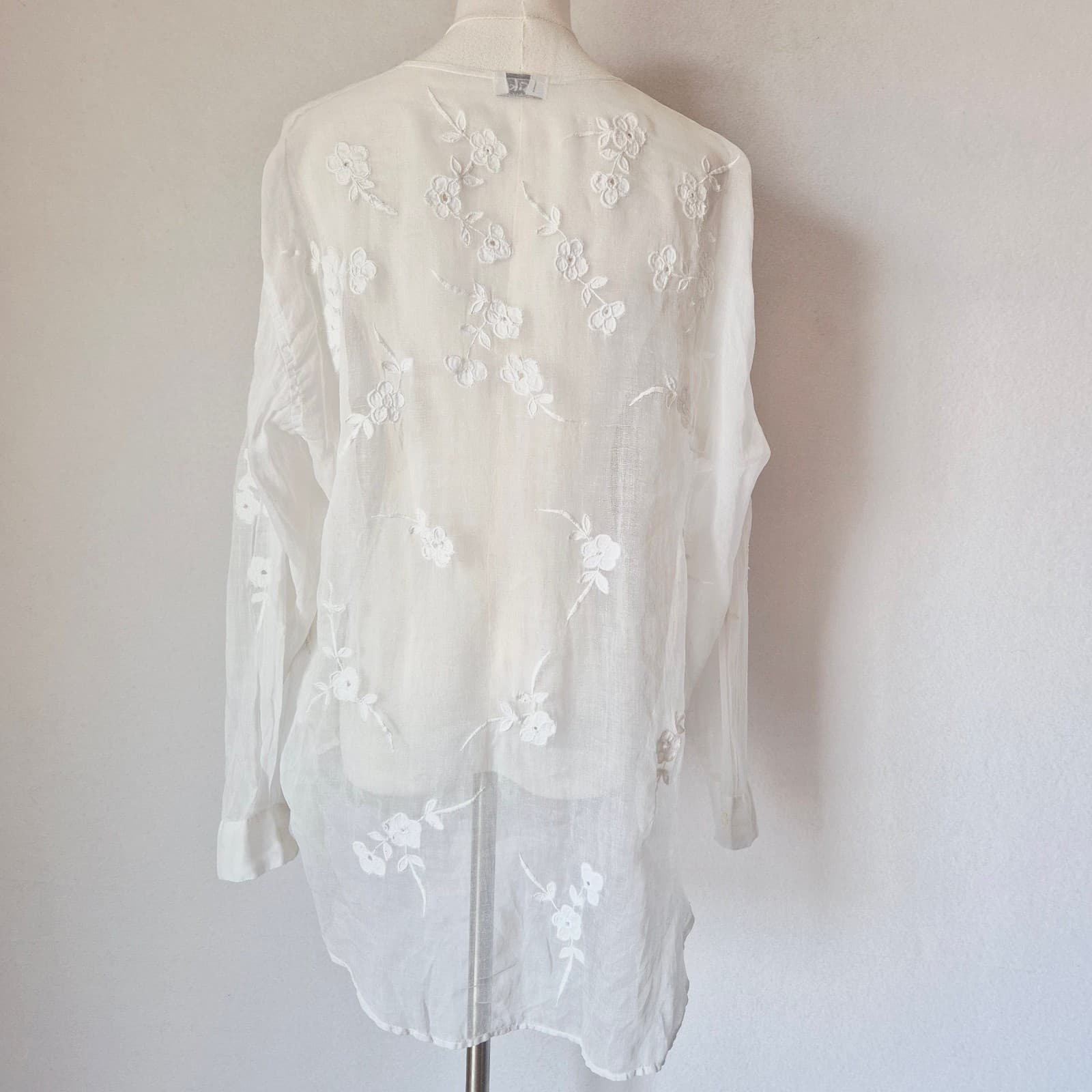 Kiko Comfortable Clothing Embroidered Blouse Sheer White Cotton Button-Front O/S - Thumbnail 6