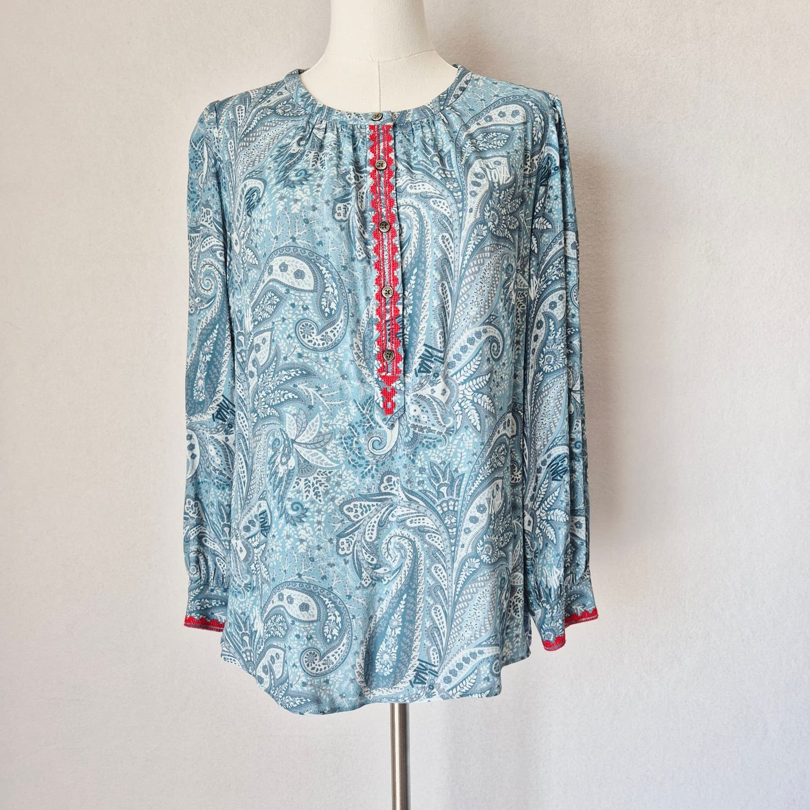 Zadig & Voltaire Teck Crepe Paisley Embroidered Blouse Long Sleeve Green Sz.L - Thumbnail 2