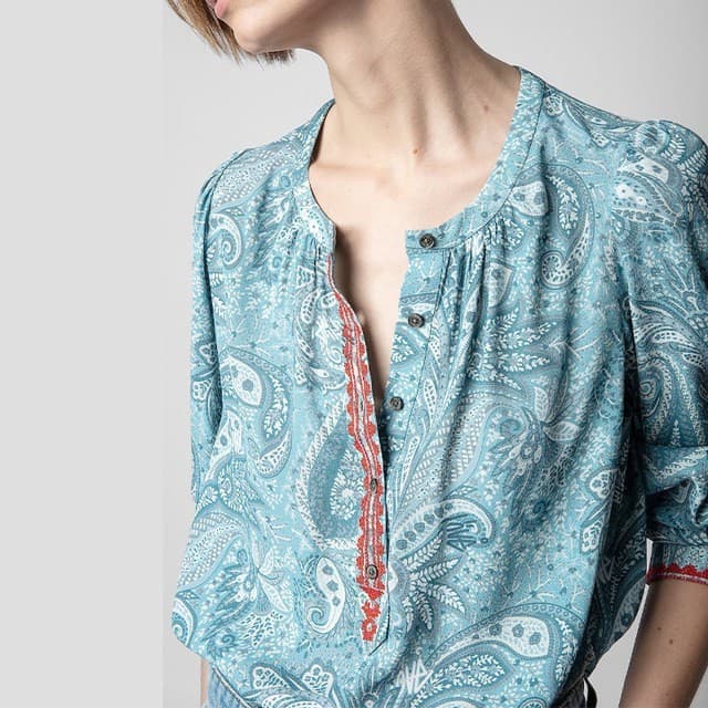 Zadig & Voltaire Teck Crepe Paisley Embroidered Blouse Long Sleeve Green Sz.L - Thumbnail 3