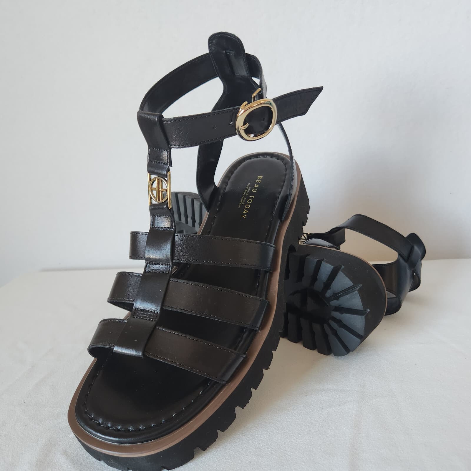 NWoB BEAU TODAY Leather Gladiator Sandals Open Toe Ankle Strap Platform Black 10 - Thumbnail 5