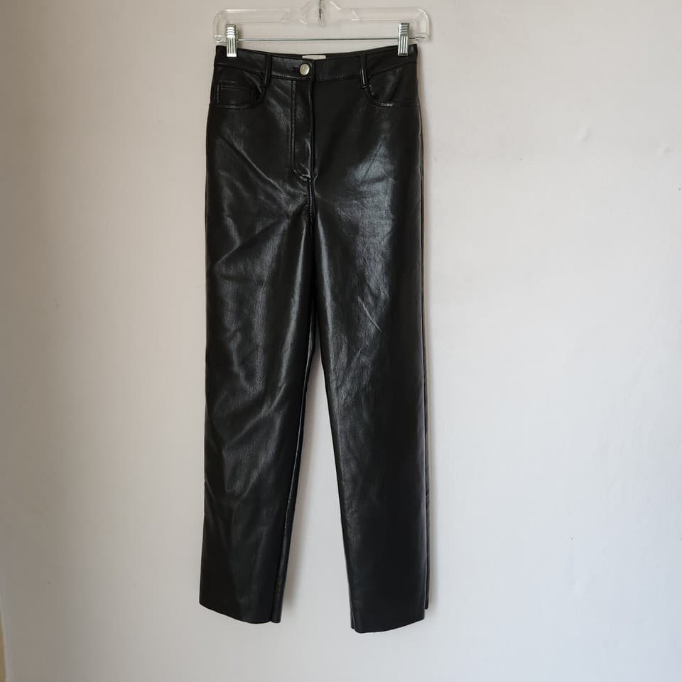 Aritzia Wilfred Melina Super Straight High-Rise Vegan Leather Pants Black Sz.2 - Thumbnail 3