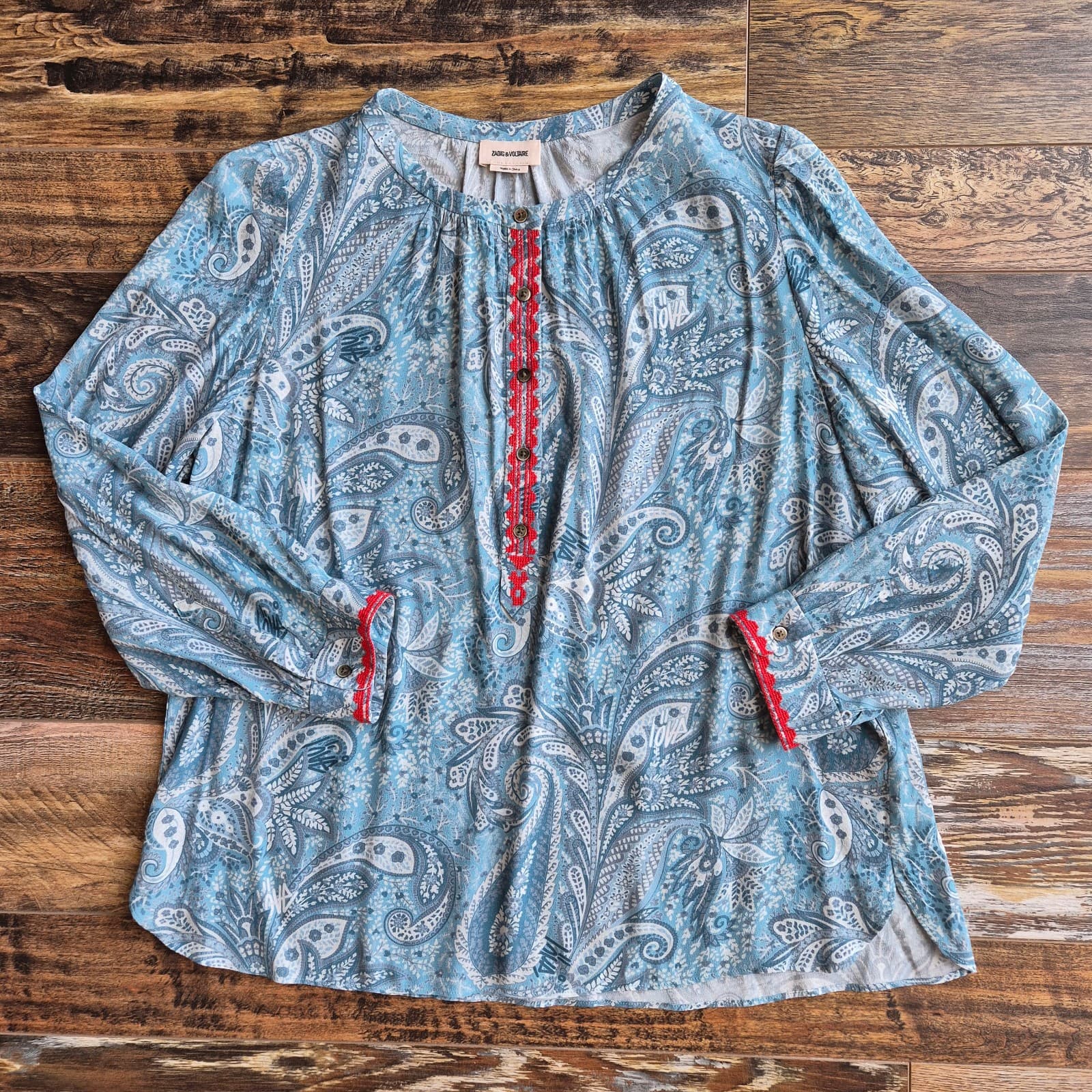 Zadig & Voltaire Teck Crepe Paisley Embroidered Blouse Long Sleeve Green Sz.L - Thumbnail 4
