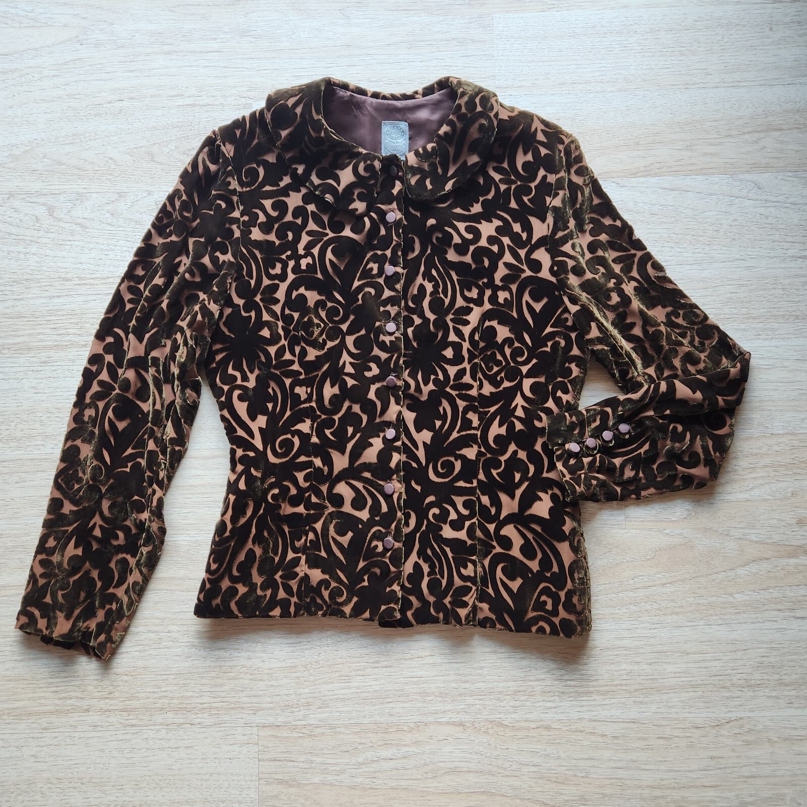 Wah Maker True West Burnout Velvet Shirt Button Long Sleeve Silk Blend Brown M - Thumbnail 2