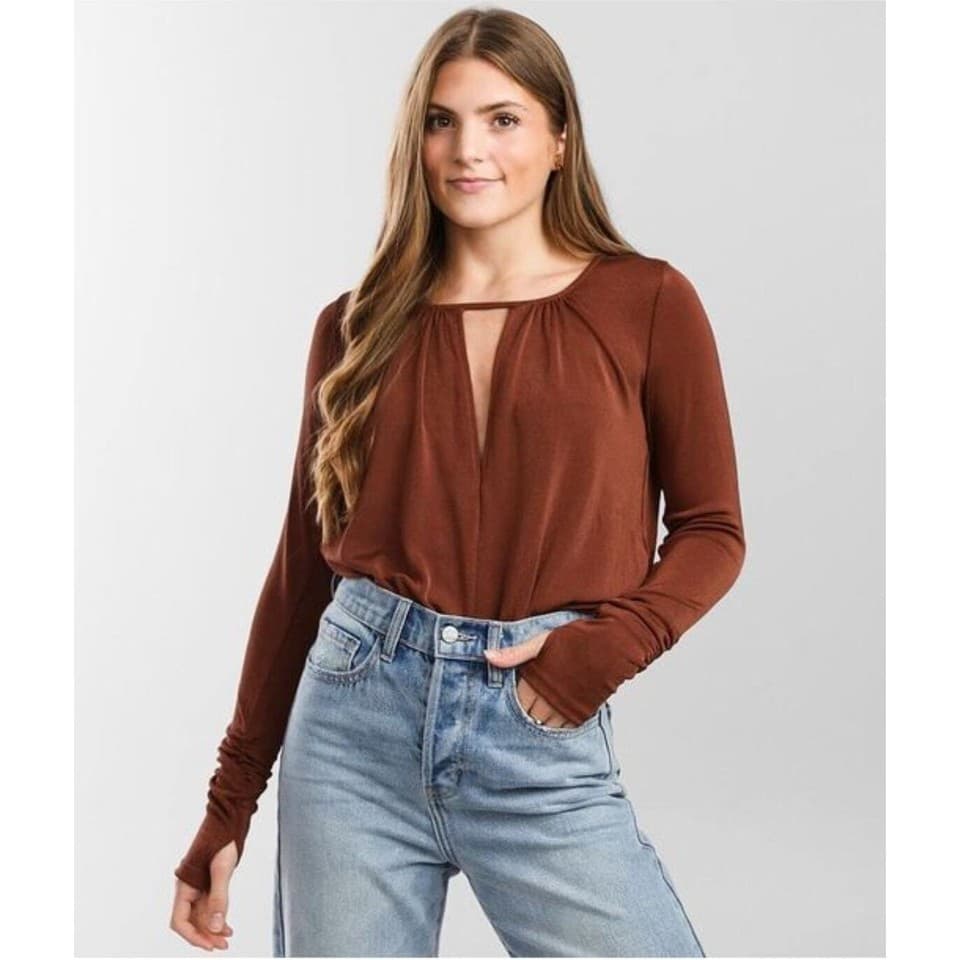 NWoT Free People Intimately Kaya Keyhole Long Sleeve Bodysuit Rust Brown Women S - Thumbnail 4