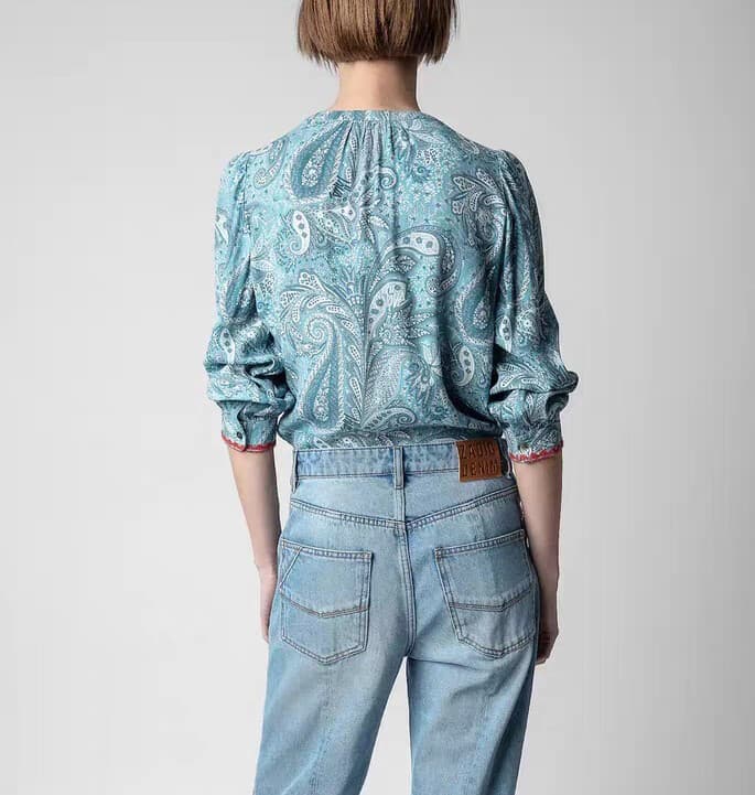 Zadig & Voltaire Teck Crepe Paisley Embroidered Blouse Long Sleeve Green Sz.L - Thumbnail 9