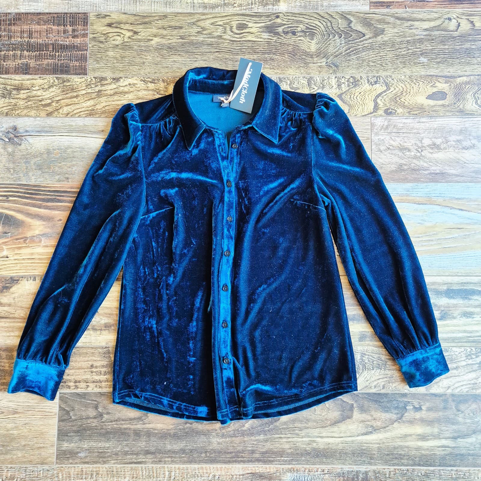 NWT ModCloth Velvet Button-Down Shirt Long Sleeve Stretch Blue Green Women's M - Thumbnail 5