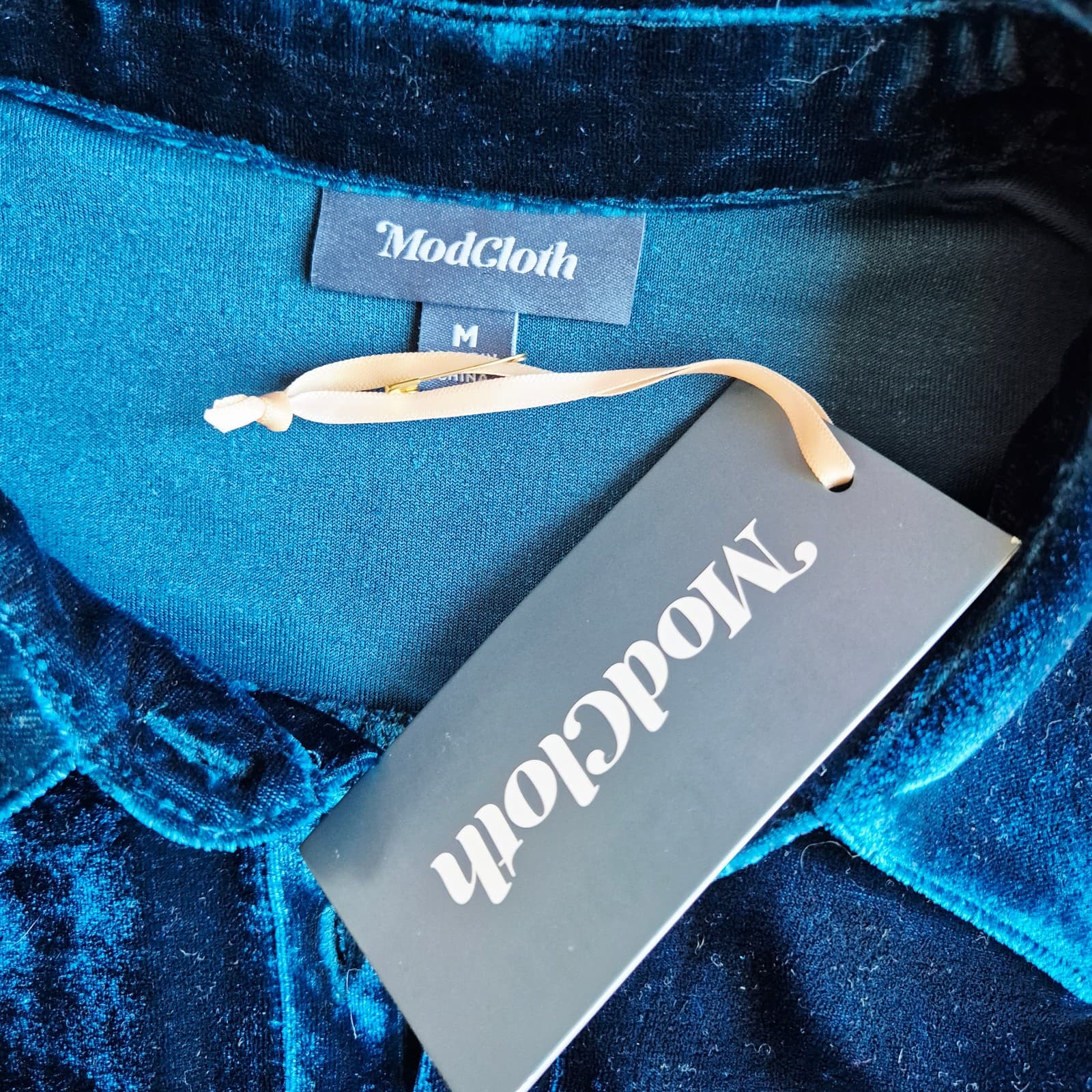 NWT ModCloth Velvet Button-Down Shirt Long Sleeve Stretch Blue Green Women's M - Thumbnail 7
