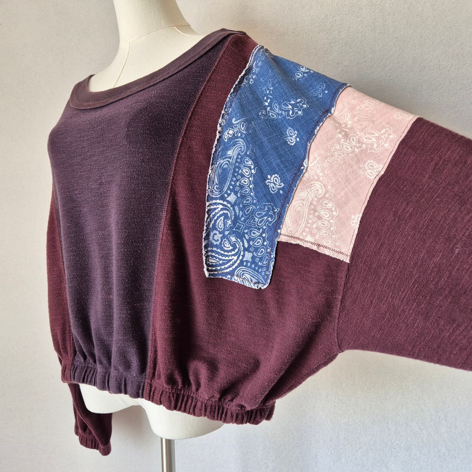 Free People Movement Patchwork Oversize Sweatshirt Long Sleeve Red Brown Sz.M - Thumbnail 3