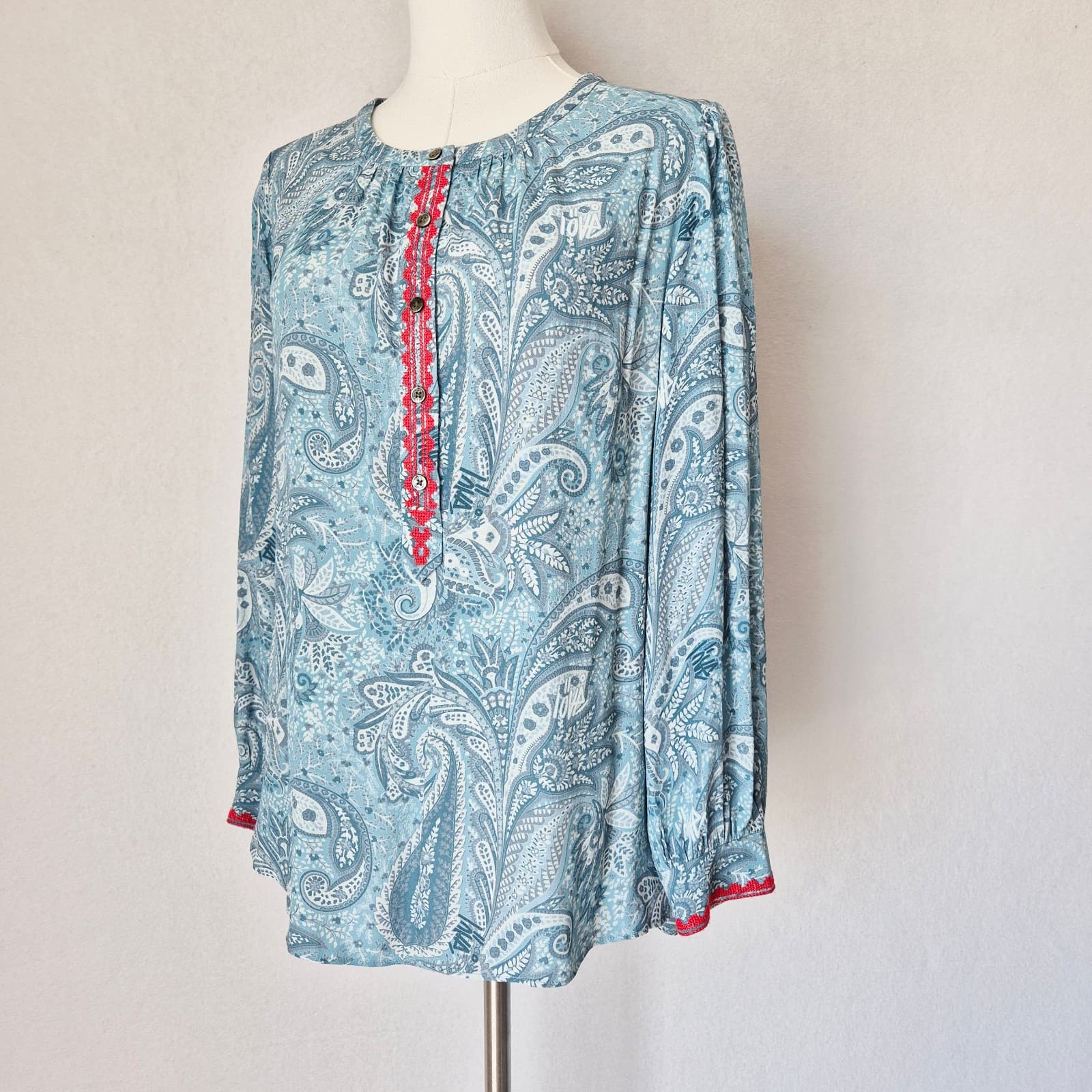 Zadig & Voltaire Teck Crepe Paisley Embroidered Blouse Long Sleeve Green Sz.L