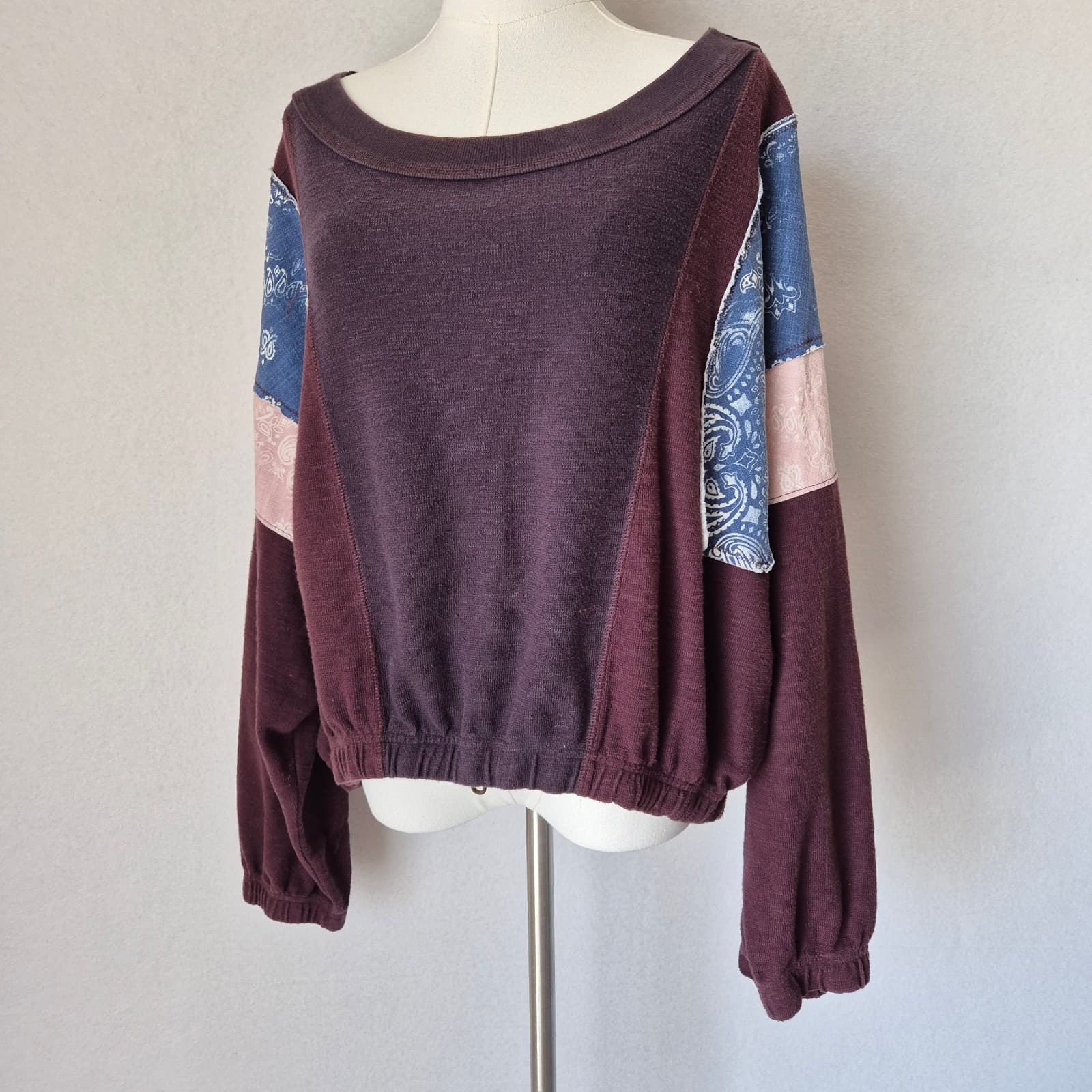 Free People Movement Patchwork Oversize Sweatshirt Long Sleeve Red Brown Sz.M - Thumbnail 2