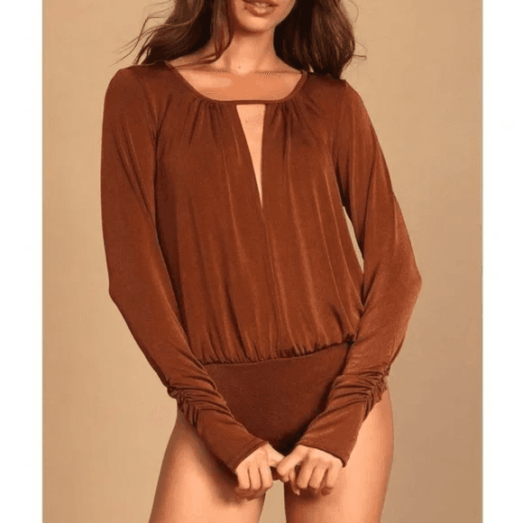 NWoT Free People Intimately Kaya Keyhole Long Sleeve Bodysuit Rust Brown Women S - Thumbnail 2