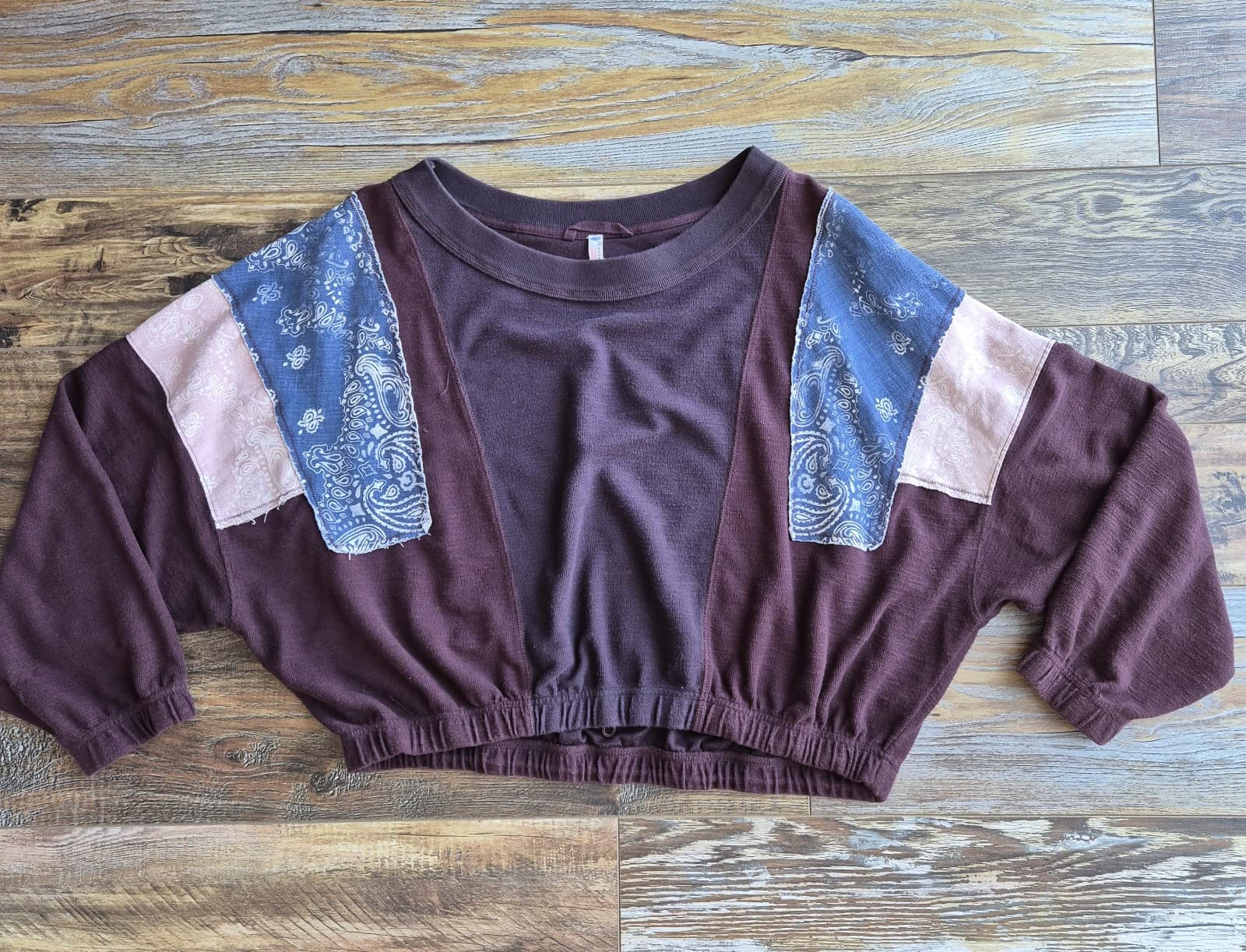 Free People Movement Patchwork Oversize Sweatshirt Long Sleeve Red Brown Sz.M - Thumbnail 5