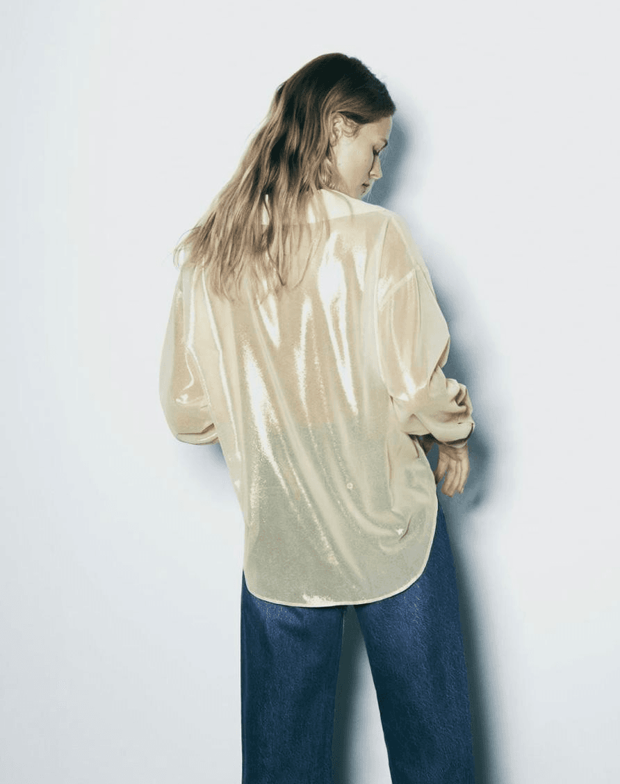 NWT ZARA Semi Sheer Gold Metallic Button-Down Boxy Shirt Long Sleeve Women's L - Thumbnail 5