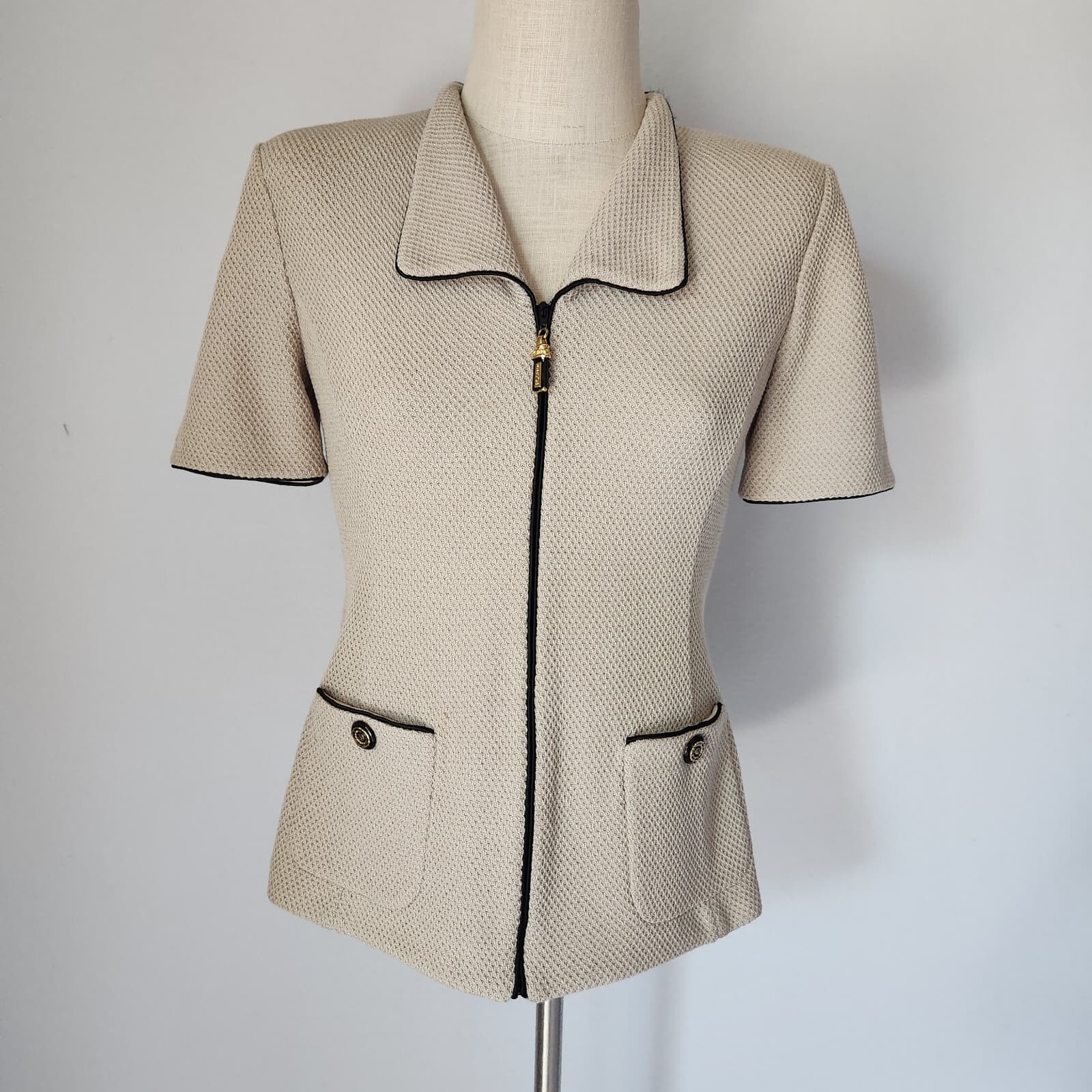ST.JOHN Collection 2 Pc. Suit Jacket Pants Set Santana Knit Beige Gold Button 2 - Thumbnail 3