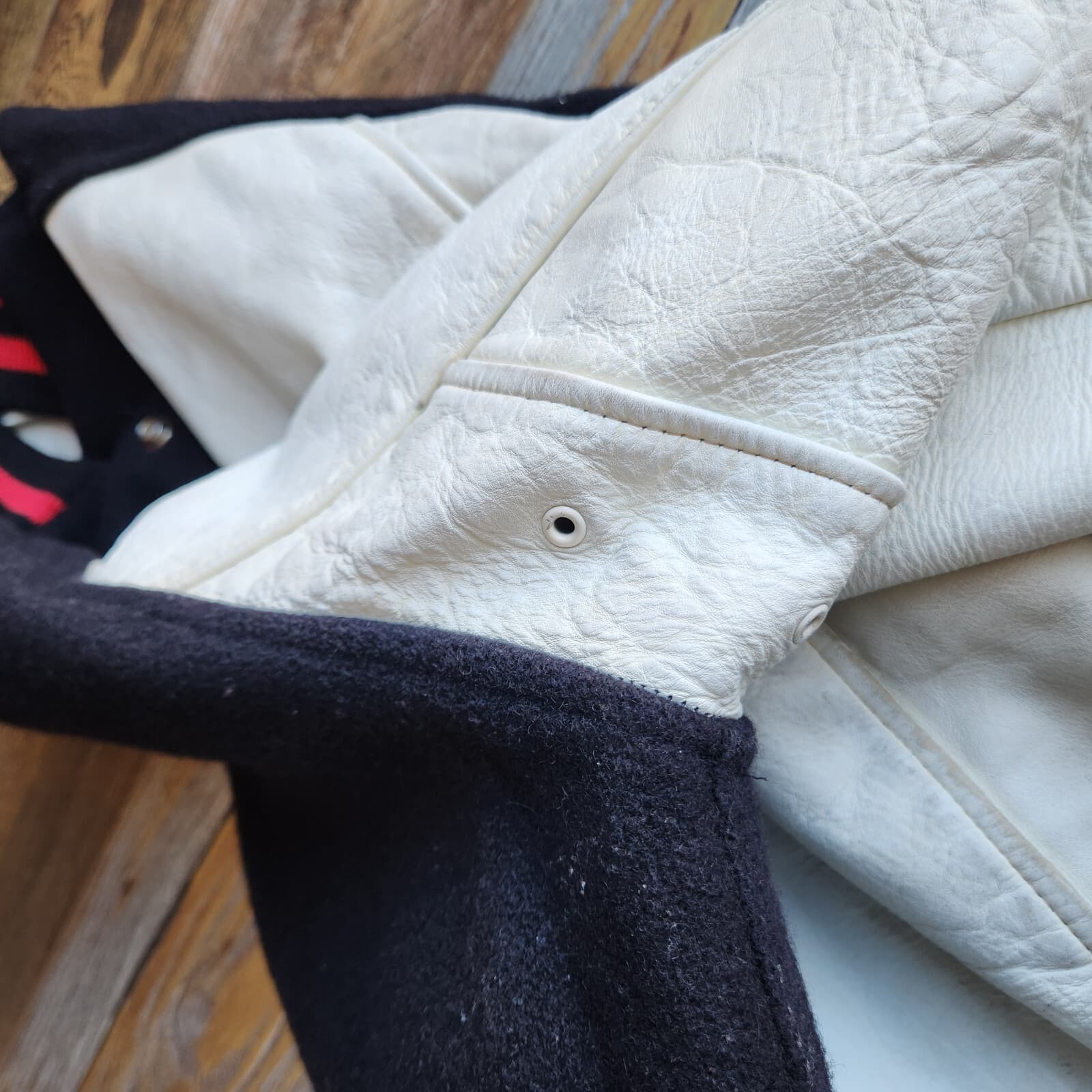 Vintage Lasley Knitting Wool Leather Varsity Letterman Jacket Black White Men 40 - Thumbnail 6