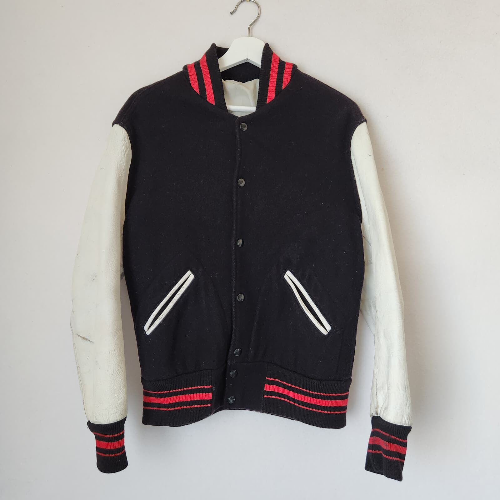 Vintage Lasley Knitting Wool Leather Varsity Letterman Jacket Black White Men 40 - Thumbnail 2