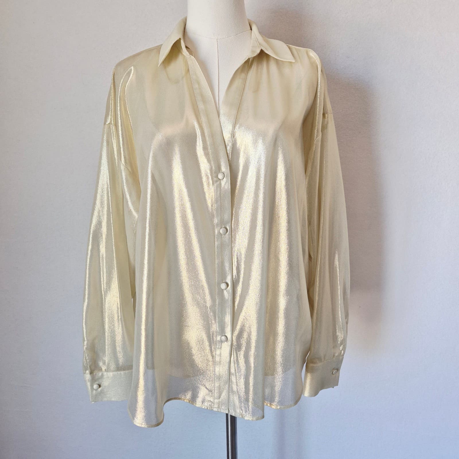 NWT ZARA Semi Sheer Gold Metallic Button-Down Boxy Shirt Long Sleeve Women's L - Thumbnail 4