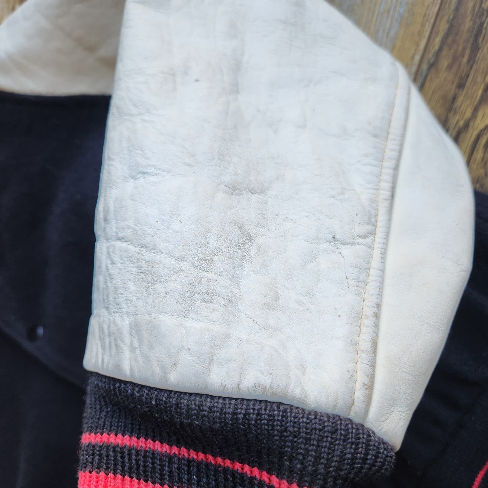 Vintage Lasley Knitting Wool Leather Varsity Letterman Jacket Black White Men 40 - Thumbnail 8