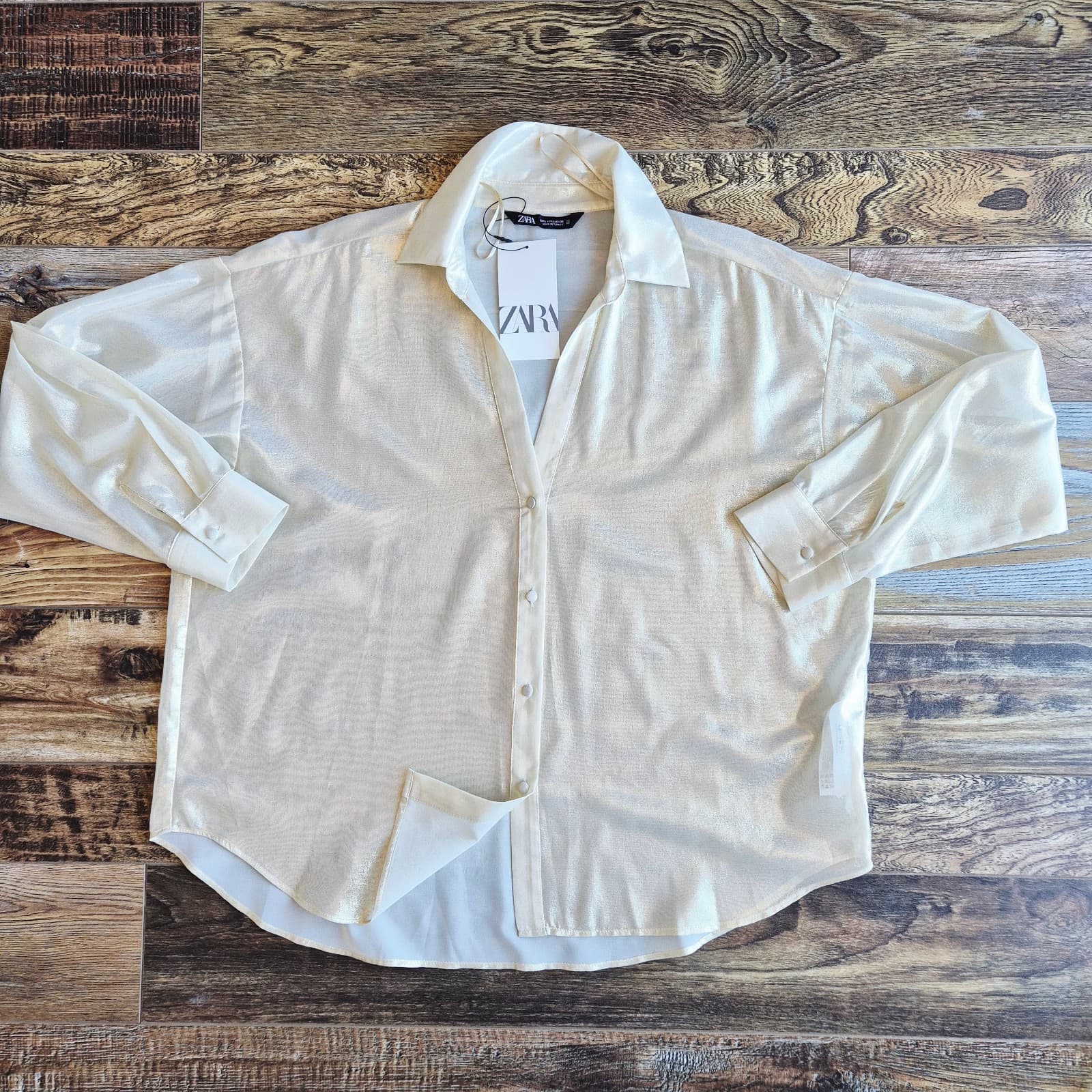 NWT ZARA Semi Sheer Gold Metallic Button-Down Boxy Shirt Long Sleeve Women's L - Thumbnail 3