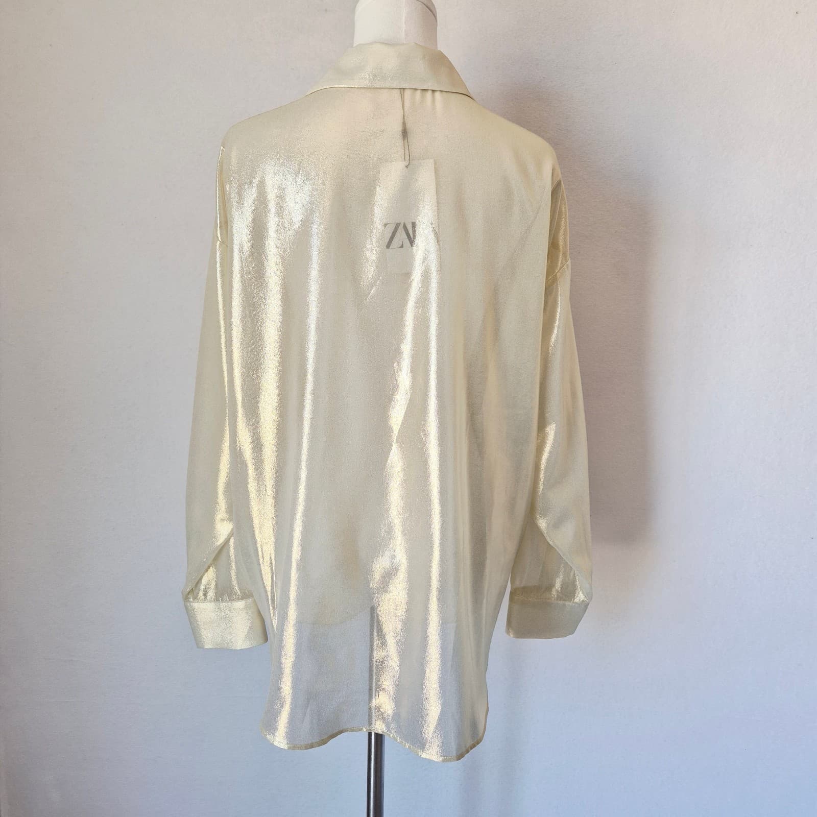 NWT ZARA Semi Sheer Gold Metallic Button-Down Boxy Shirt Long Sleeve Women's L - Thumbnail 8