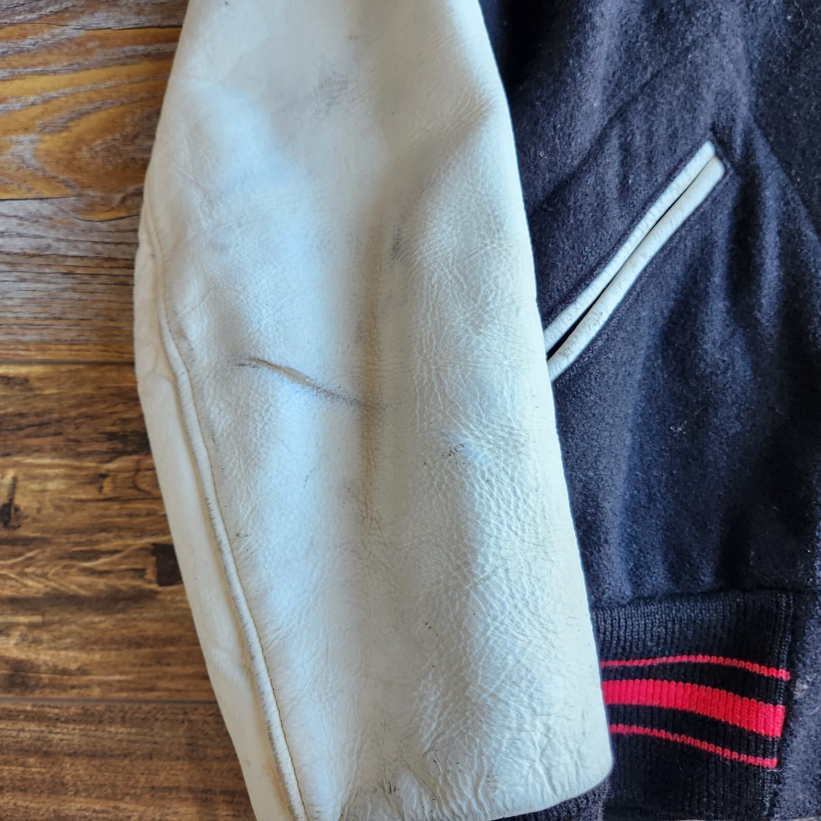 Vintage Lasley Knitting Wool Leather Varsity Letterman Jacket Black White Men 40 - Thumbnail 10