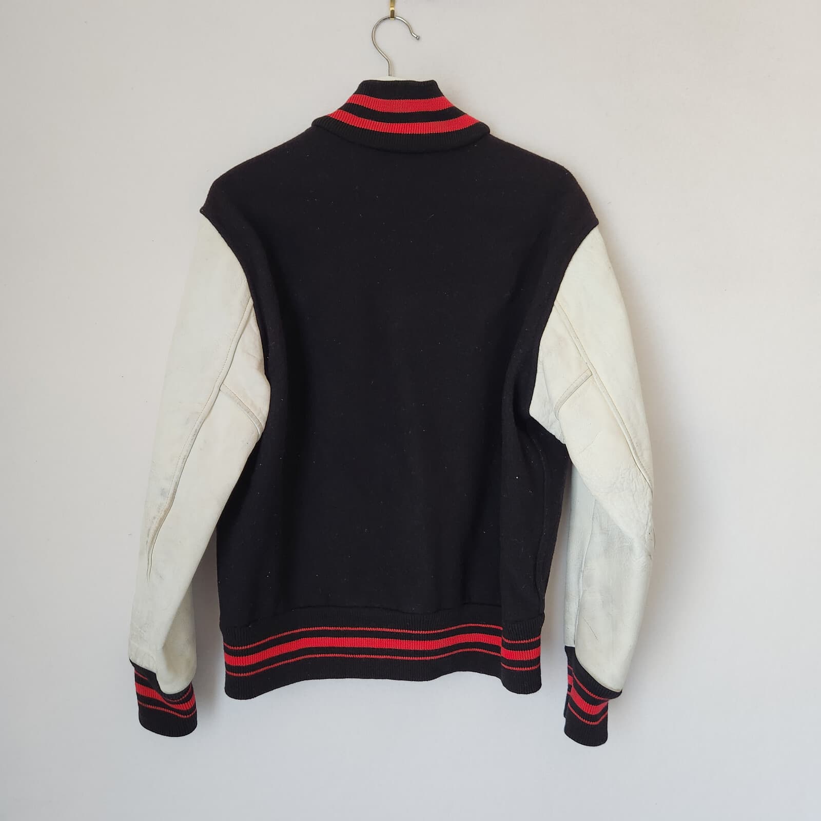 Vintage Lasley Knitting Wool Leather Varsity Letterman Jacket Black White Men 40 - Thumbnail 3