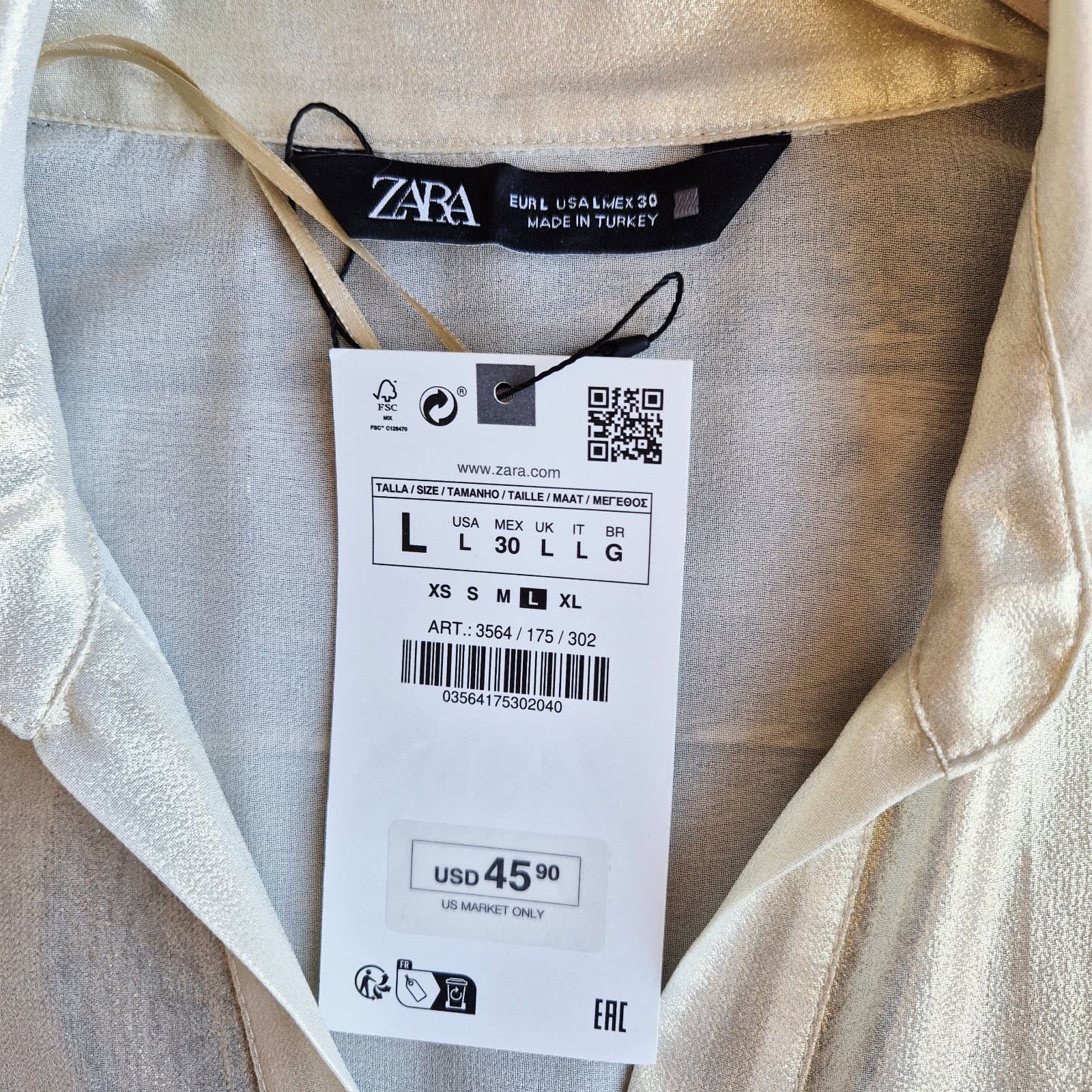 NWT ZARA Semi Sheer Gold Metallic Button-Down Boxy Shirt Long Sleeve Women's L - Thumbnail 9