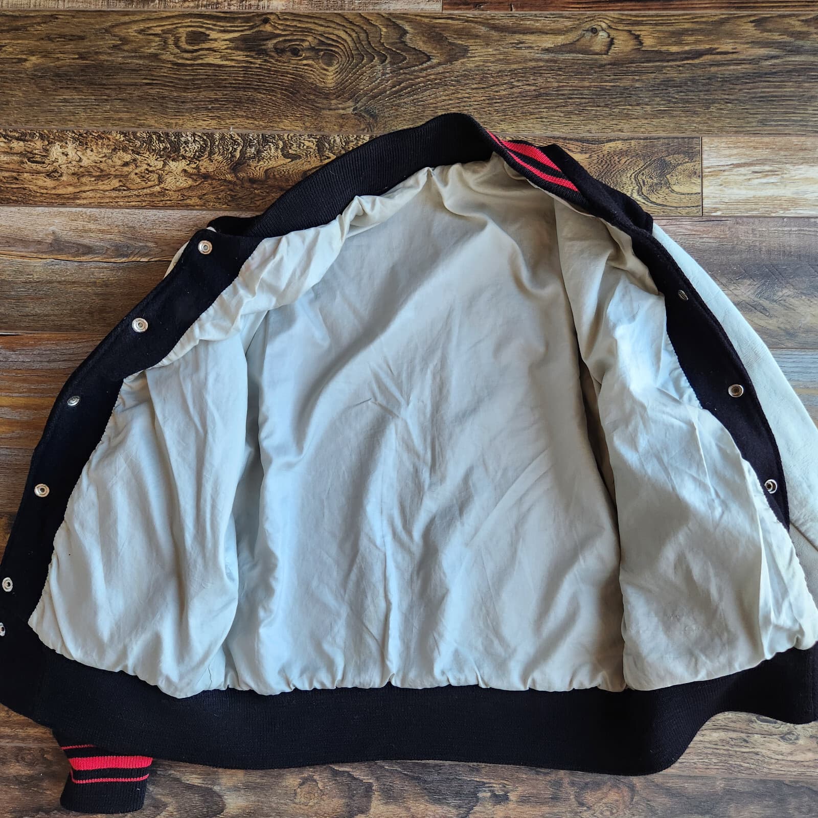 Vintage Lasley Knitting Wool Leather Varsity Letterman Jacket Black White Men 40 - Thumbnail 7