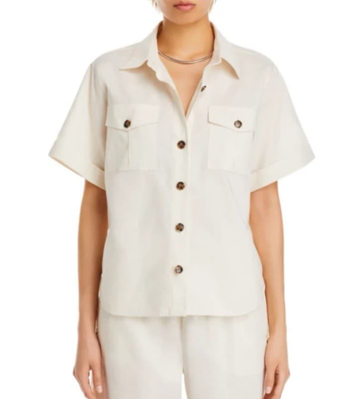 FRAME $348 Linen Blend Patch Pocket Utility Shirt Short Sleeve Cream Women's XS - Thumbnail 8