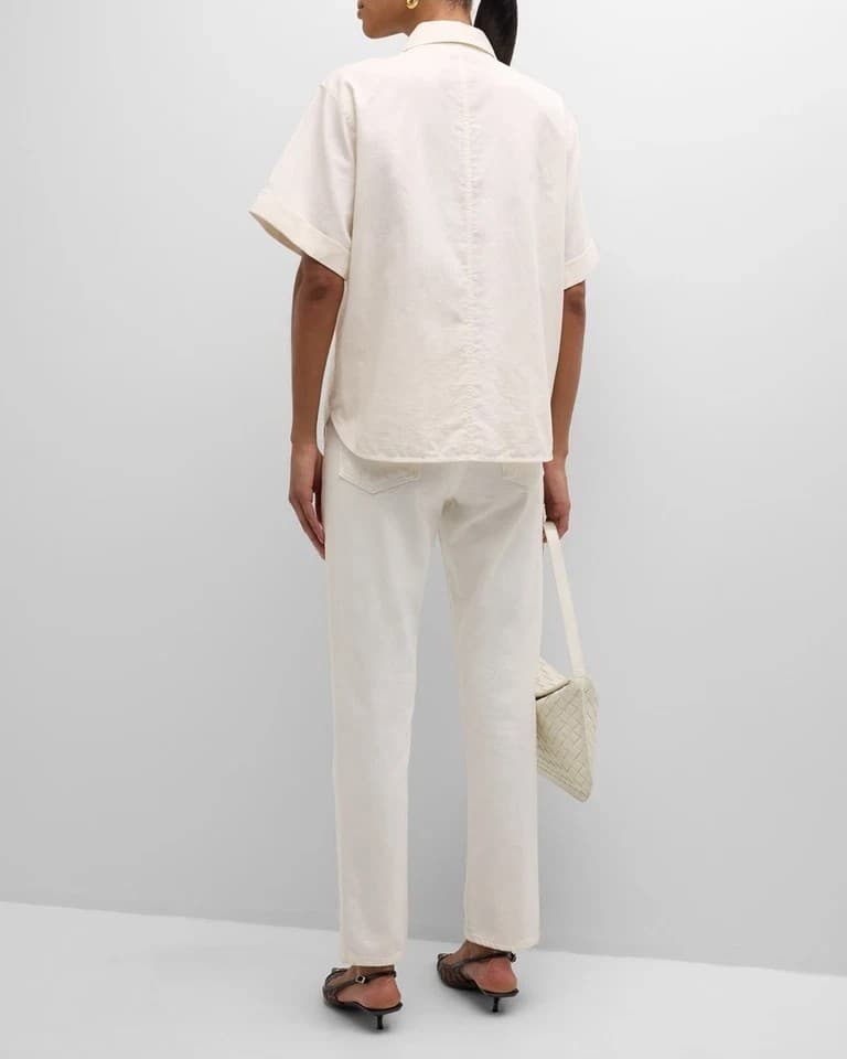 FRAME $348 Linen Blend Patch Pocket Utility Shirt Short Sleeve Cream Women's XS - Thumbnail 10