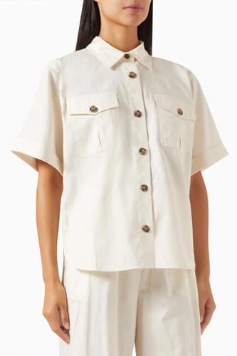 FRAME $348 Linen Blend Patch Pocket Utility Shirt Short Sleeve Cream Women's XS - Thumbnail 6
