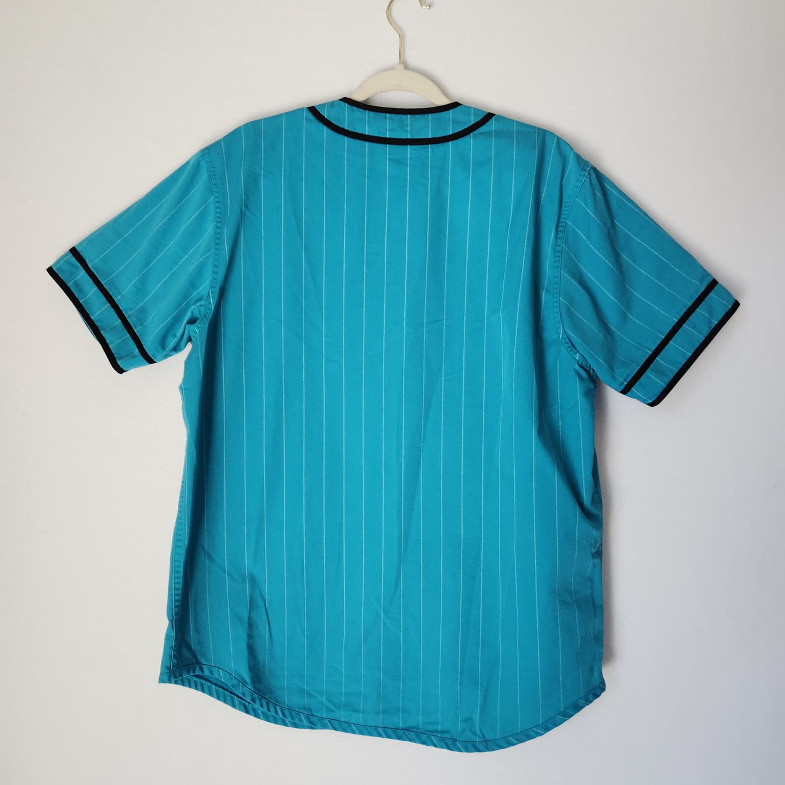 Supreme Pinstripe Baseball Jersey Yankees Button Short Sleeve Peal Blue Green XL - Thumbnail 4