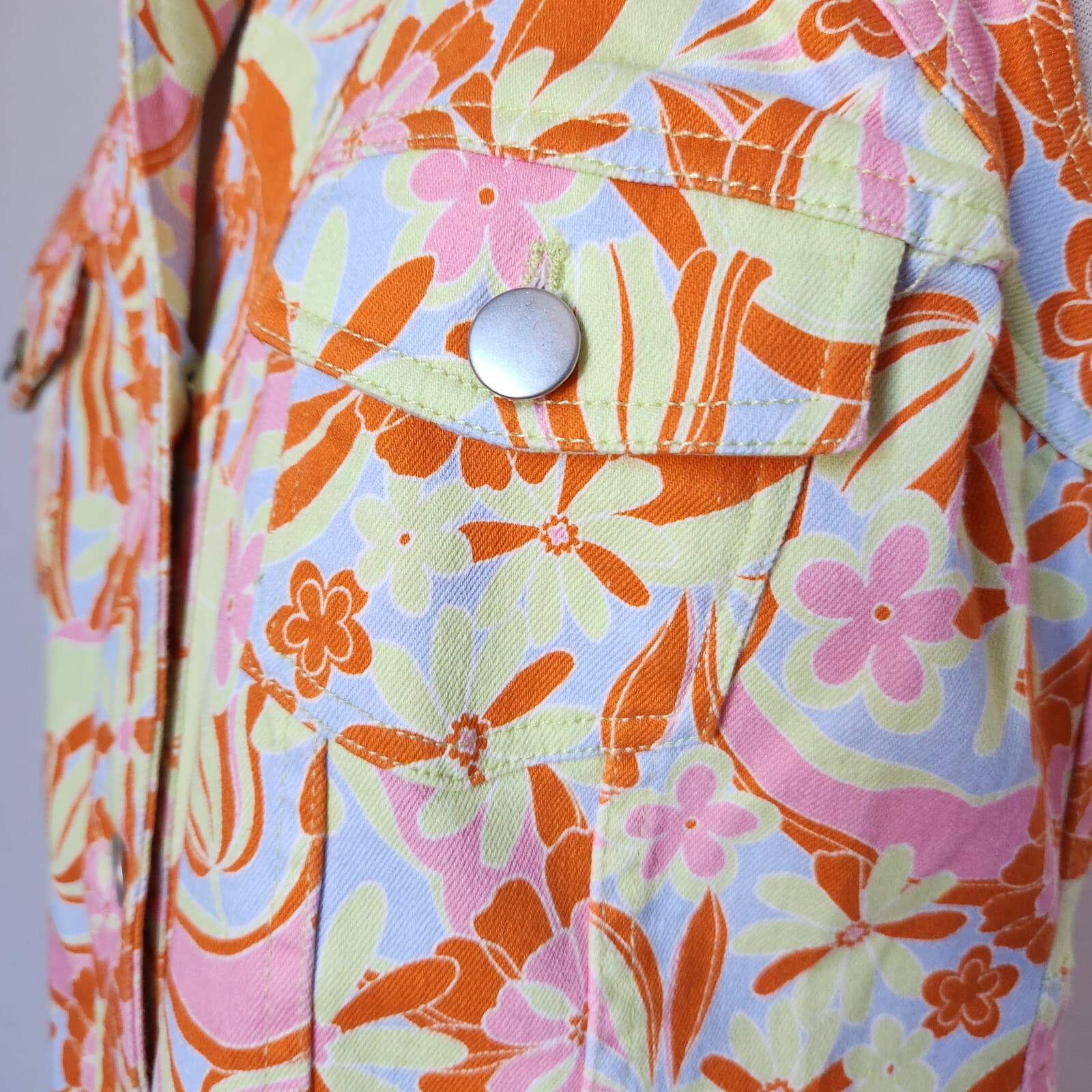 Nicole Miller Floral Denim Collar Mini Shirt-Dress Button-Down Sleeveless Sz.L - Thumbnail 6