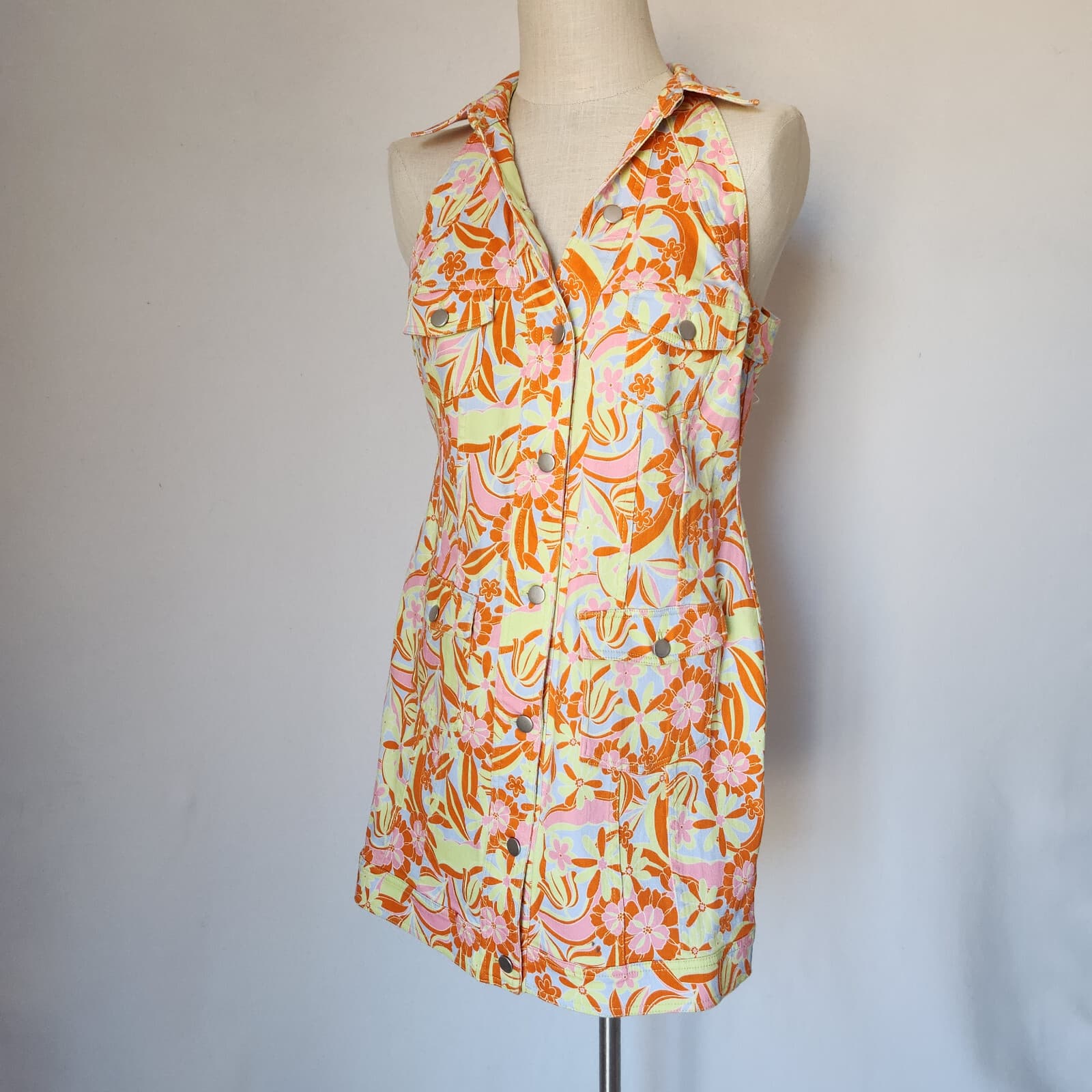 Nicole Miller Floral Denim Collar Mini Shirt-Dress Button-Down Sleeveless Sz.L - Thumbnail 2