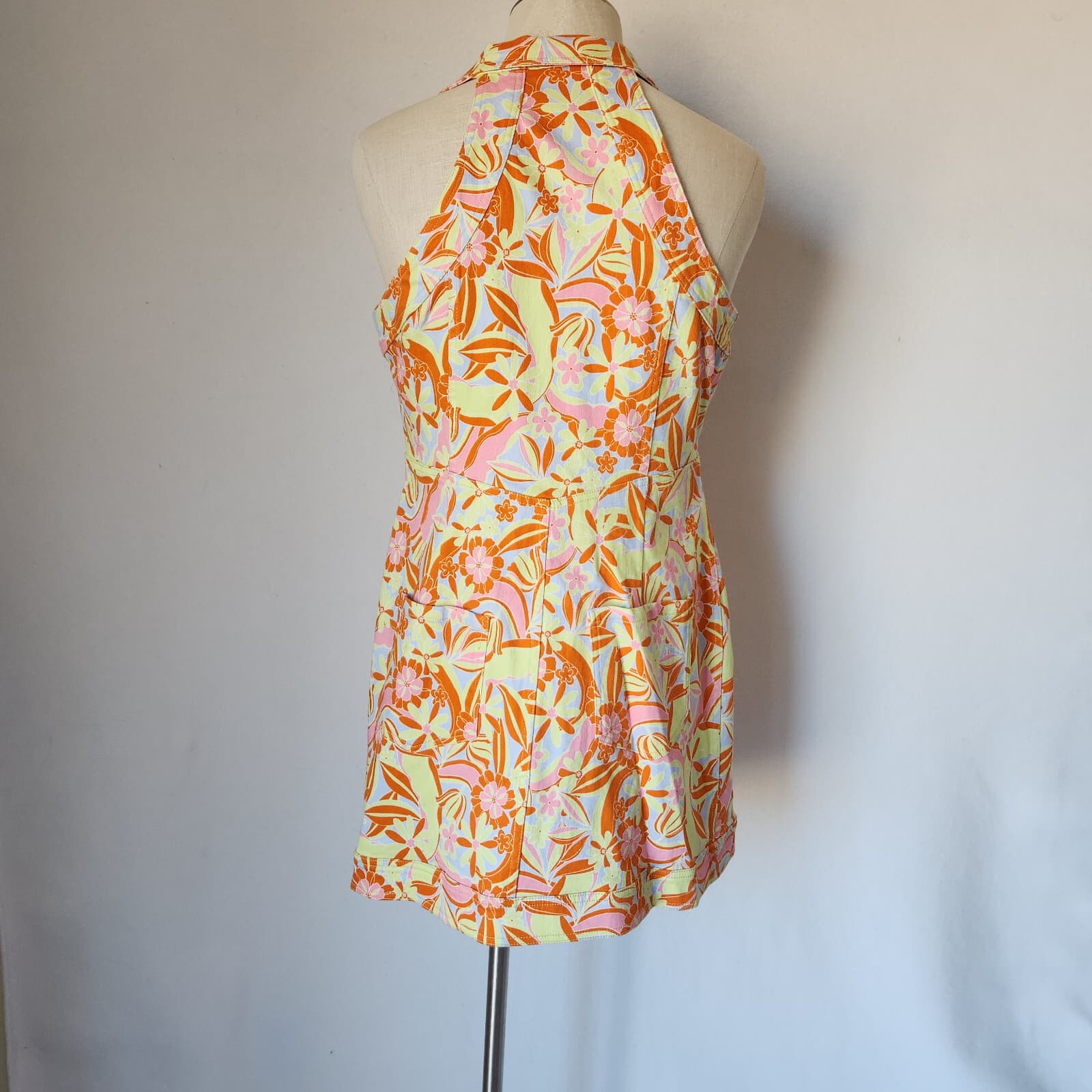 Nicole Miller Floral Denim Collar Mini Shirt-Dress Button-Down Sleeveless Sz.L - Thumbnail 7
