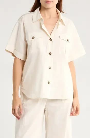 FRAME $348 Linen Blend Patch Pocket Utility Shirt Short Sleeve Cream Women's XS - Thumbnail 4