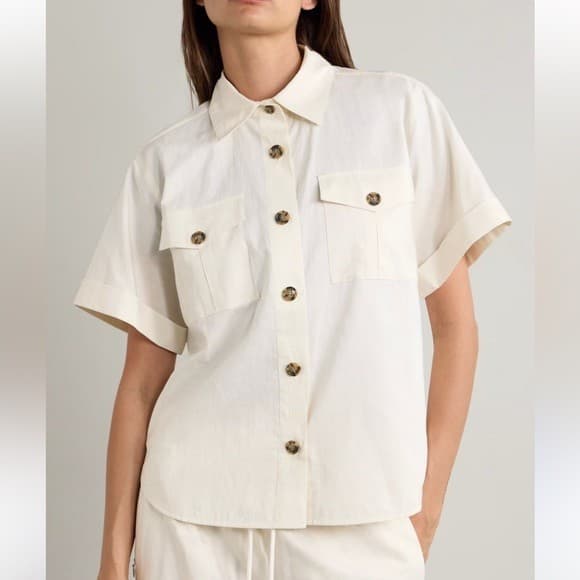 FRAME $348 Linen Blend Patch Pocket Utility Shirt Short Sleeve Cream Women's XS - Thumbnail 7