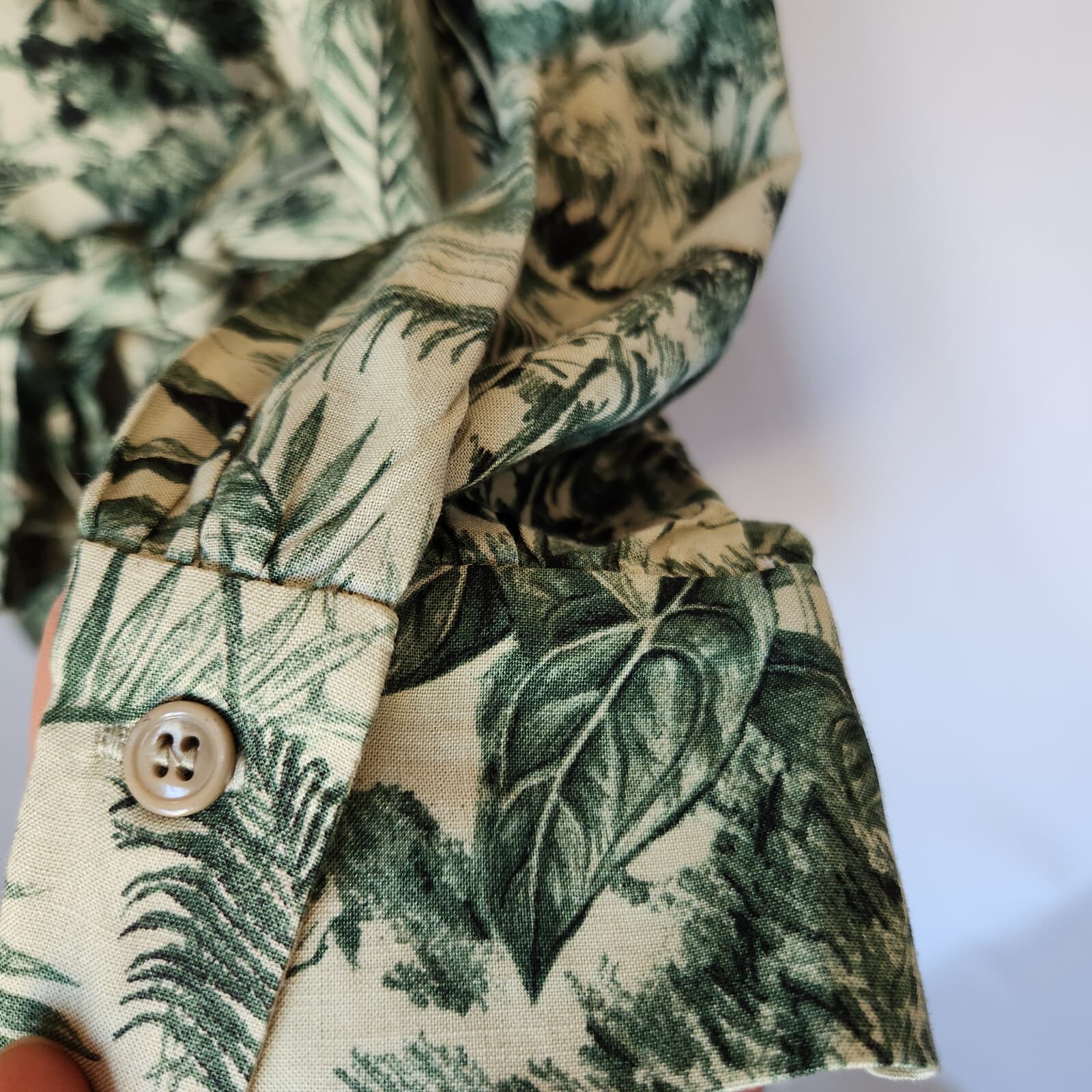Zara Linen Blend Tropical Leaf Belt Mini Dress Long Sleeve Mandarin Button Sz.M - Thumbnail 3