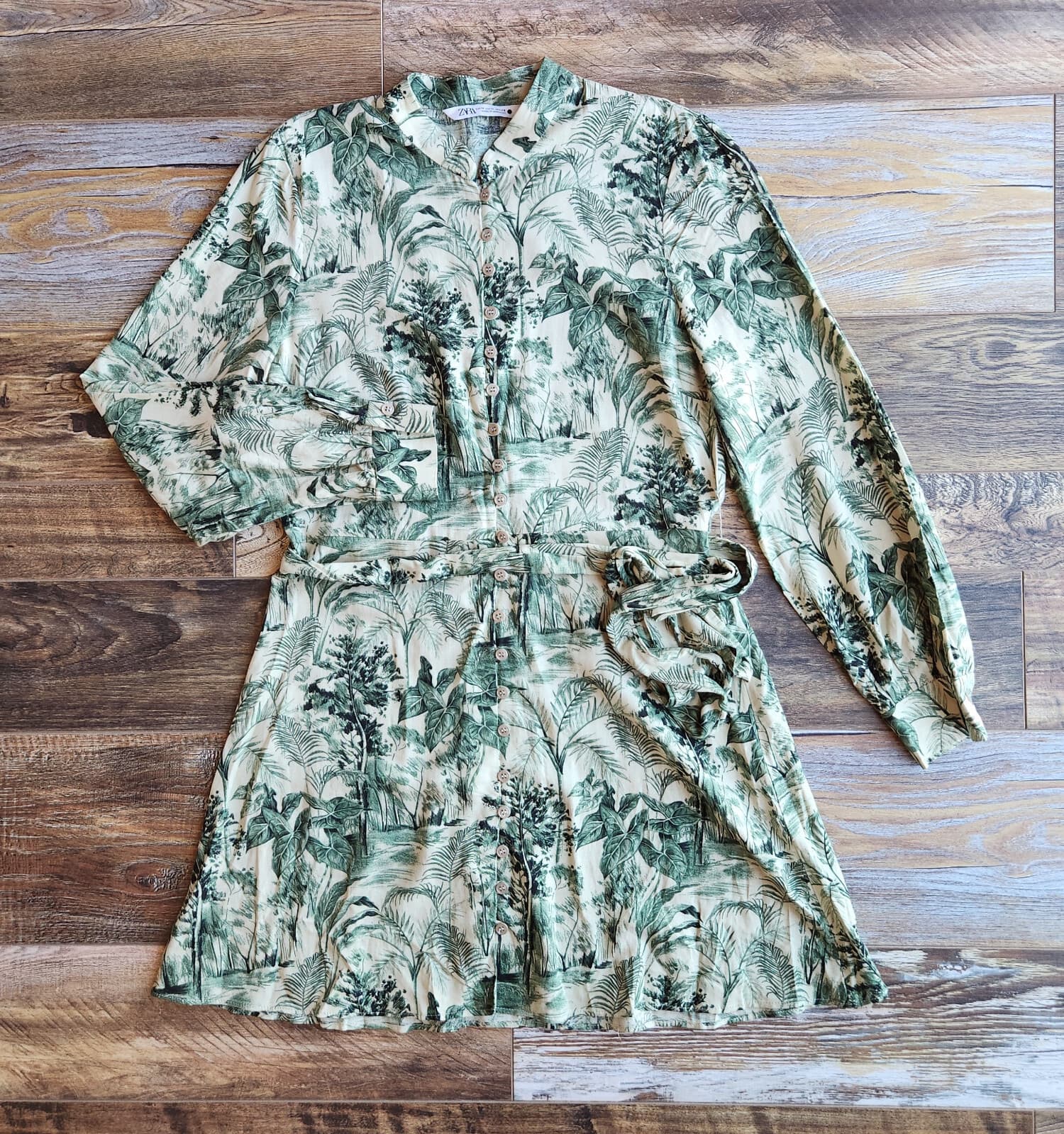 Zara Linen Blend Tropical Leaf Belt Mini Dress Long Sleeve Mandarin Button Sz.M - Thumbnail 5