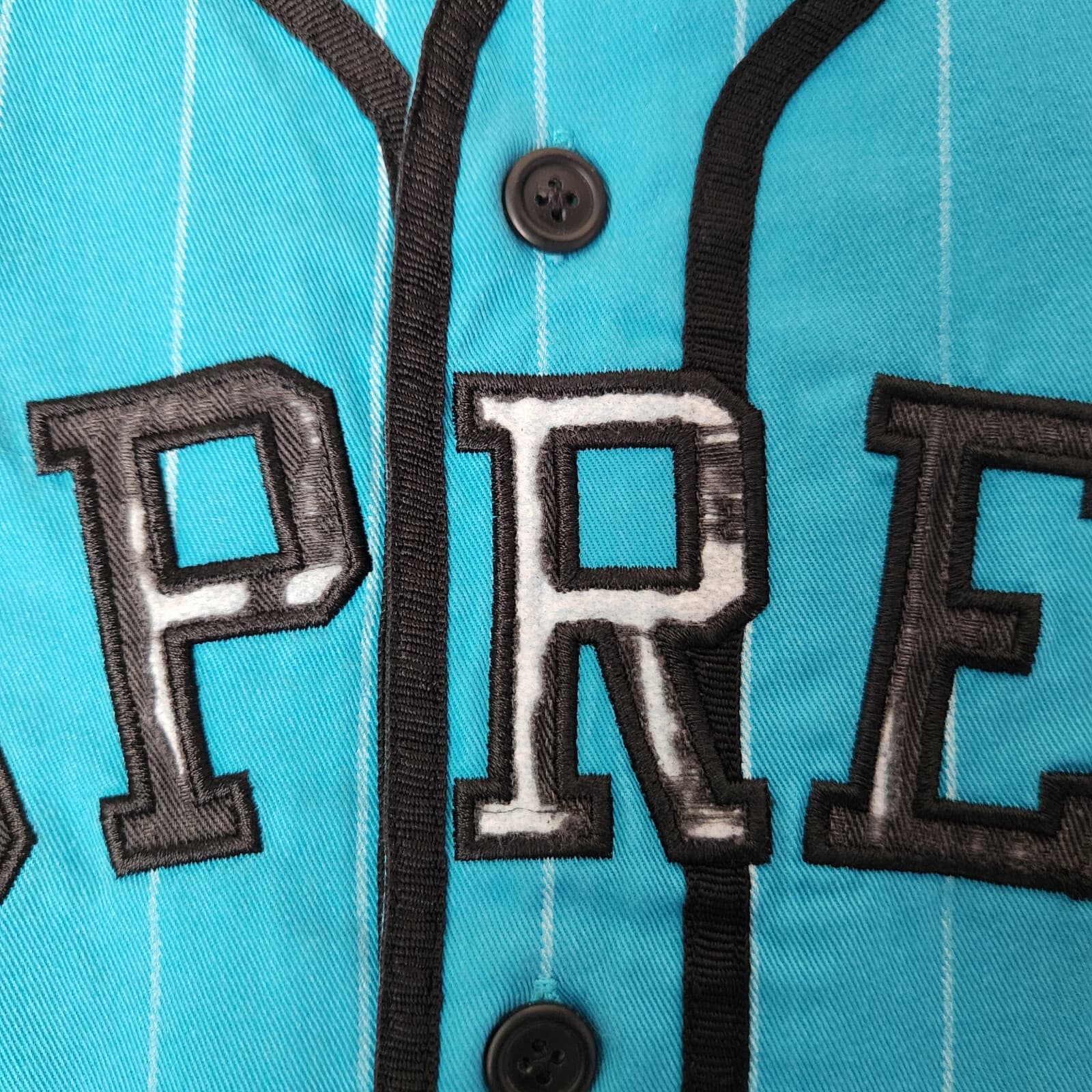 Supreme Pinstripe Baseball Jersey Yankees Button Short Sleeve Peal Blue Green XL - Thumbnail 6
