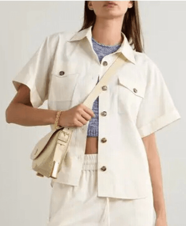 FRAME $348 Linen Blend Patch Pocket Utility Shirt Short Sleeve Cream Women's XS - Thumbnail 2