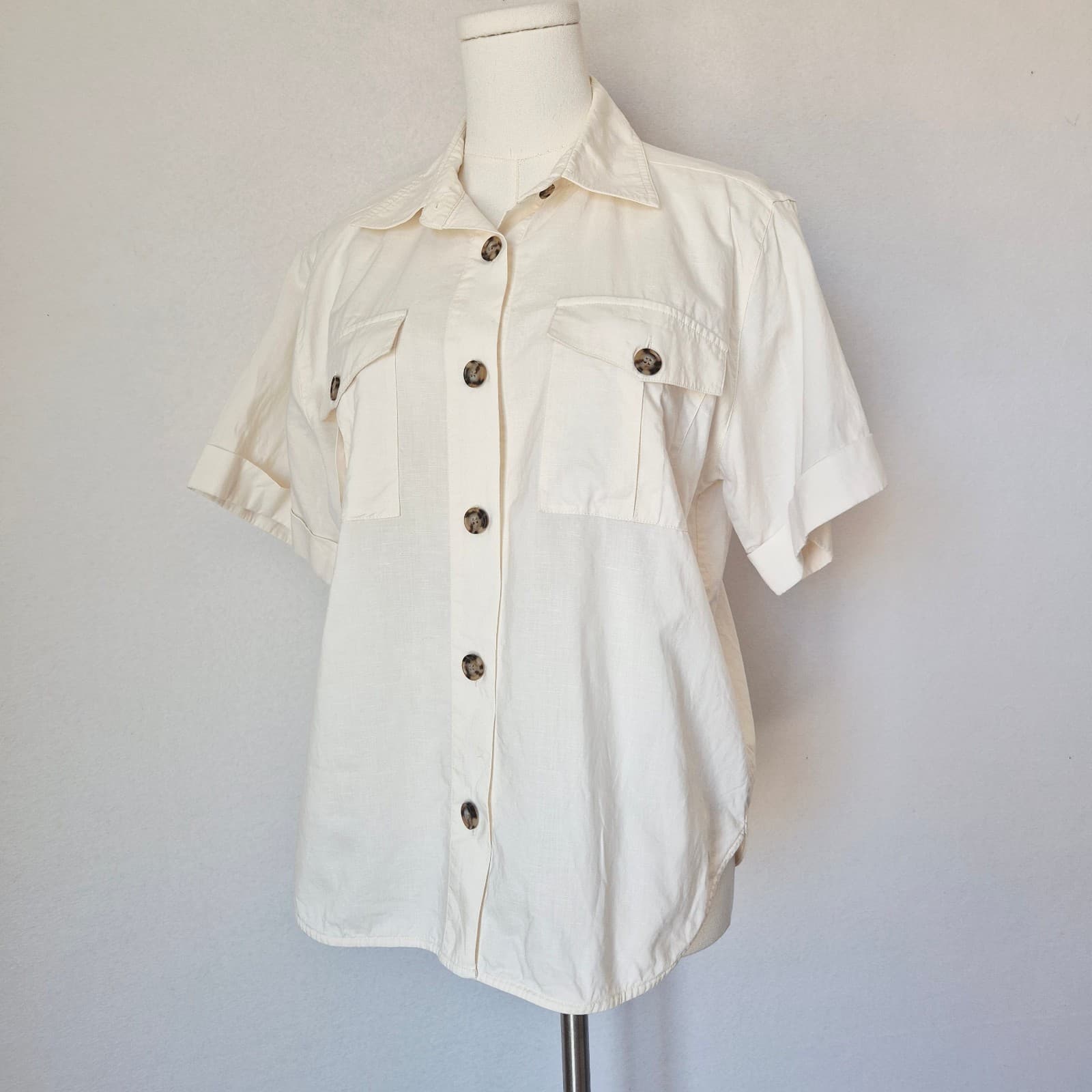 FRAME $348 Linen Blend Patch Pocket Utility Shirt Short Sleeve Cream Women's XS - Thumbnail 3
