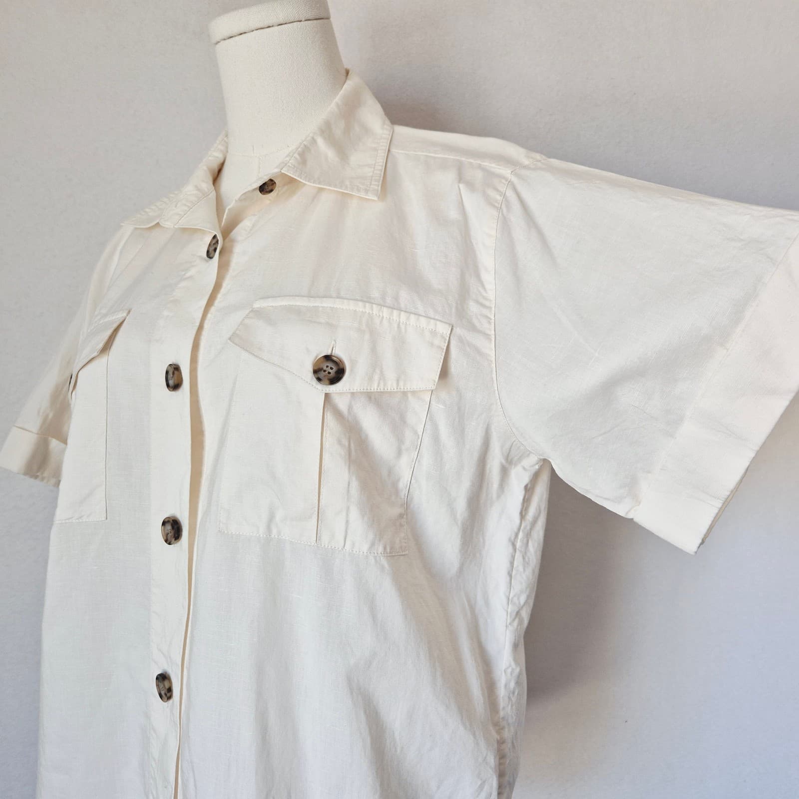 FRAME $348 Linen Blend Patch Pocket Utility Shirt Short Sleeve Cream Women's XS - Thumbnail 5