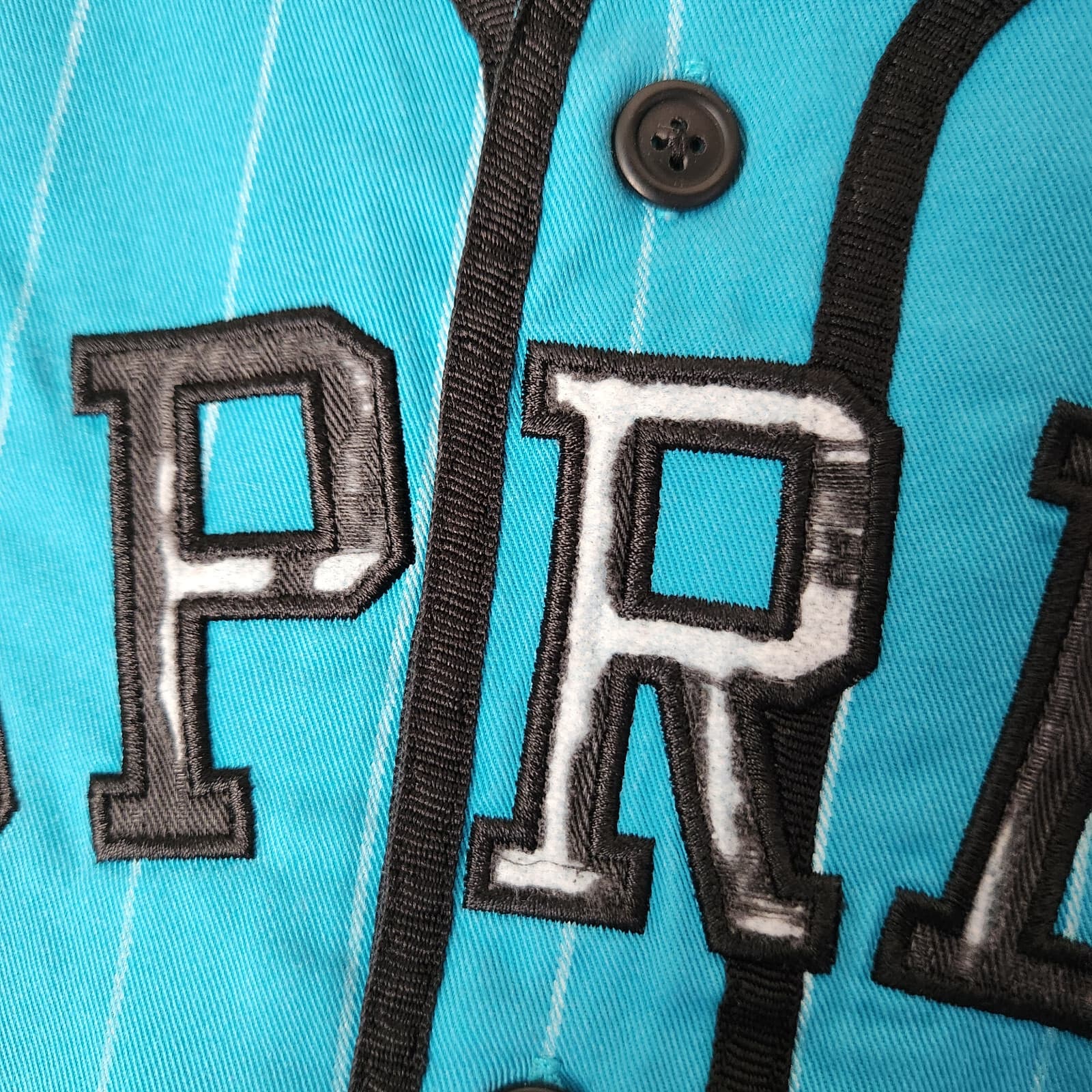 Supreme Pinstripe Baseball Jersey Yankees Button Short Sleeve Peal Blue Green XL - Thumbnail 7
