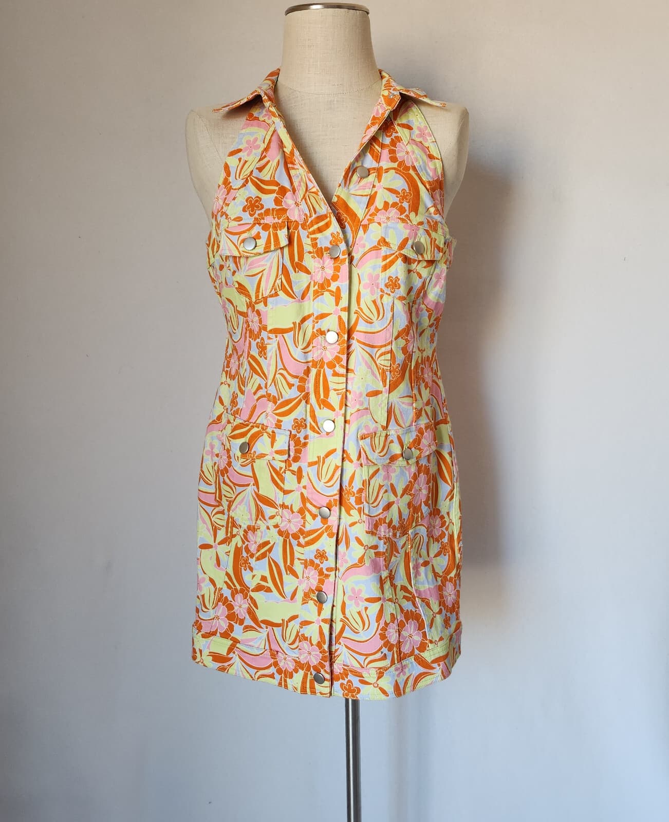 Nicole Miller Floral Denim Collar Mini Shirt-Dress Button-Down Sleeveless Sz.L