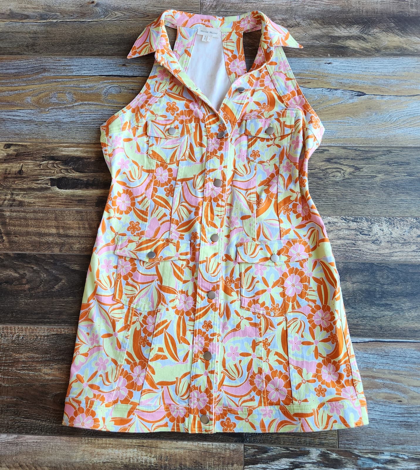 Nicole Miller Floral Denim Collar Mini Shirt-Dress Button-Down Sleeveless Sz.L - Thumbnail 3