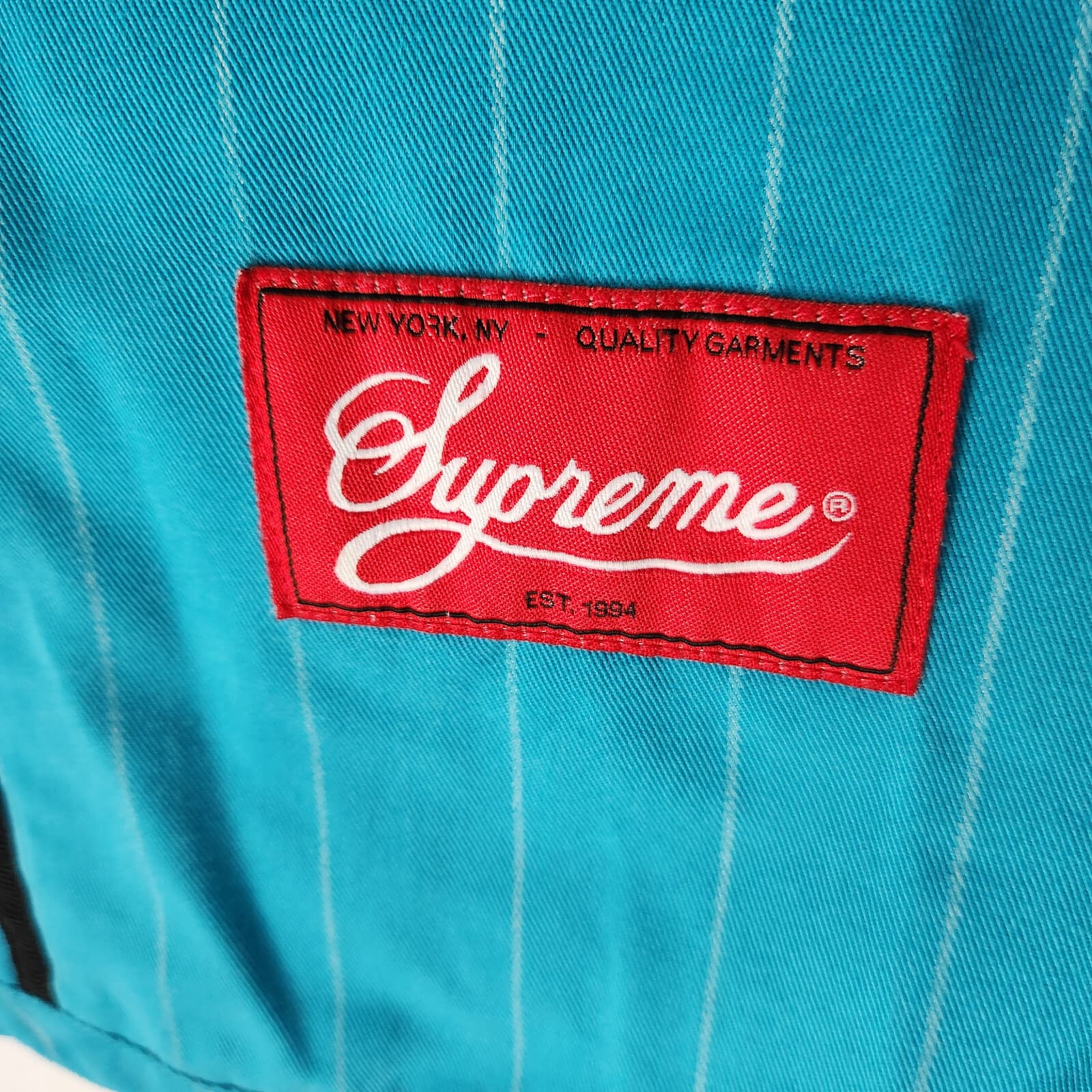 Supreme Pinstripe Baseball Jersey Yankees Button Short Sleeve Peal Blue Green XL - Thumbnail 9