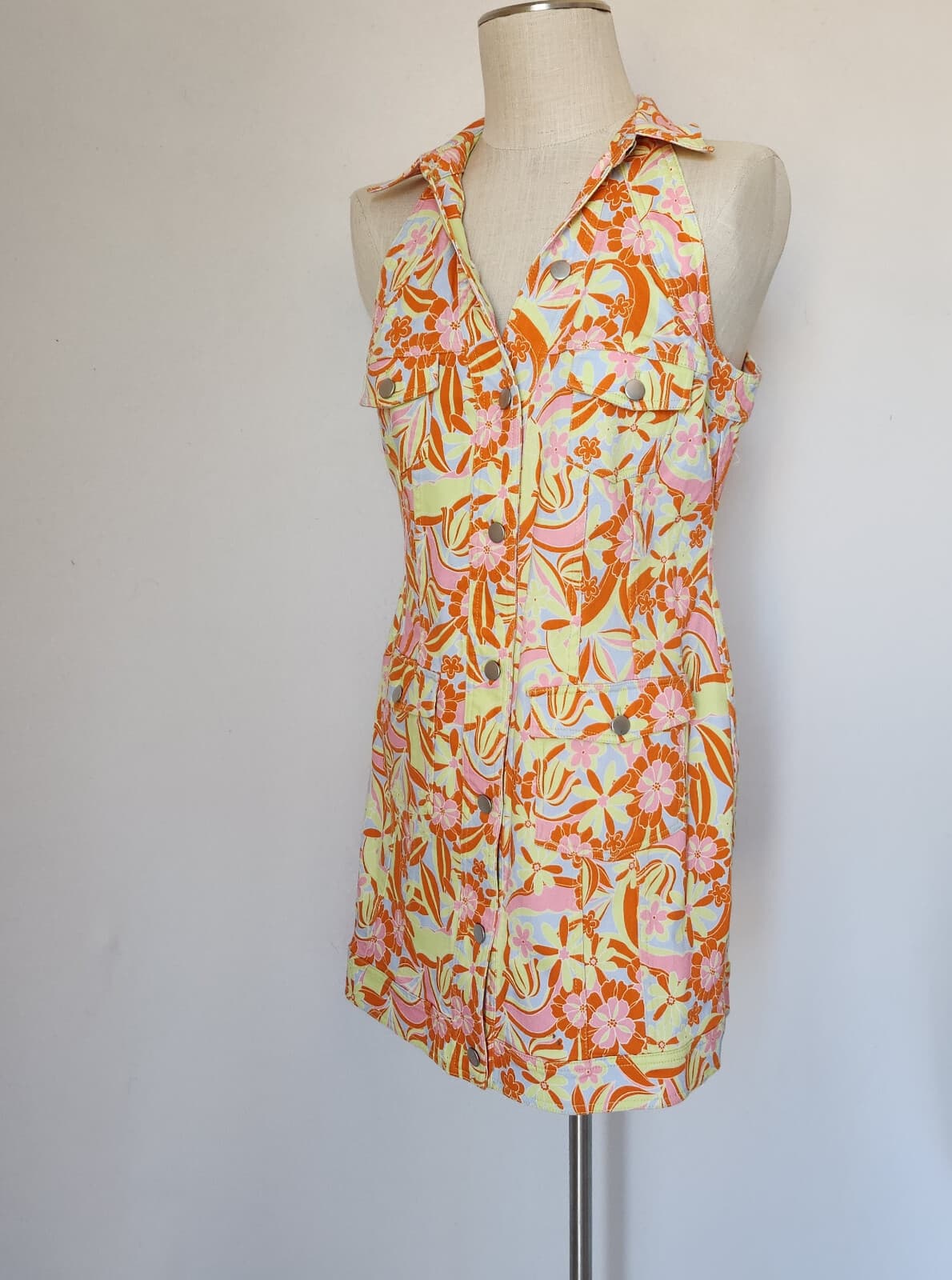 Nicole Miller Floral Denim Collar Mini Shirt-Dress Button-Down Sleeveless Sz.L - Thumbnail 5